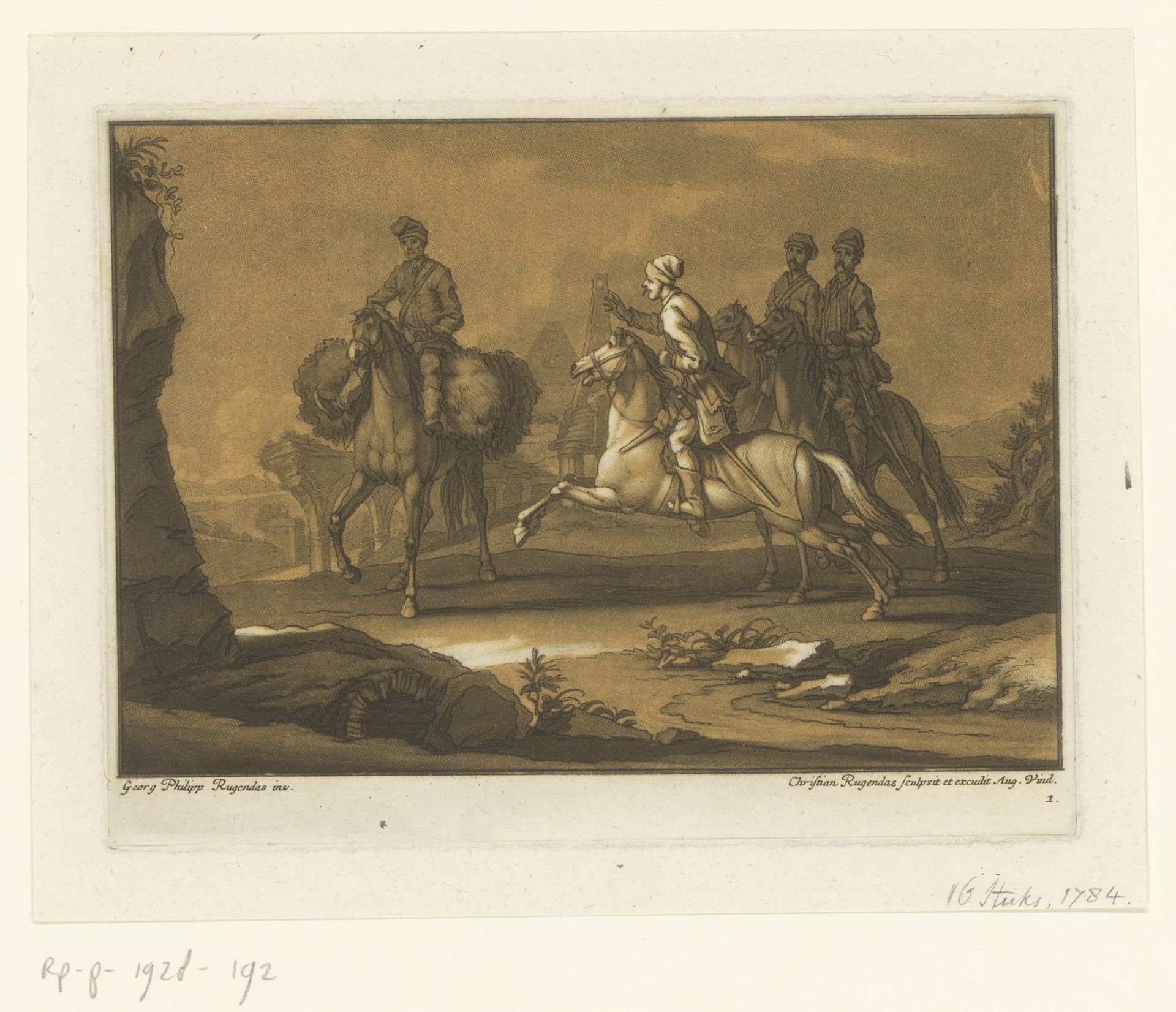 Drie cavaleristen houden een reiziger aan by Christian Rugendas