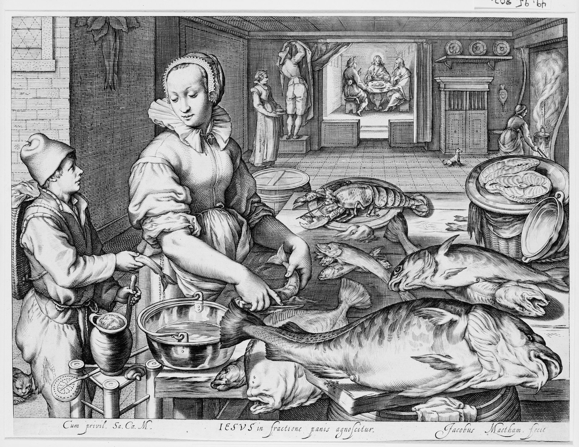 Kitchen Scene with Kitchen Maid Preparing Fish, Christ at Emmaus in the Background, from Kitchen and Market Scenes with Biblical Scenes in the Background by Jacob Matham