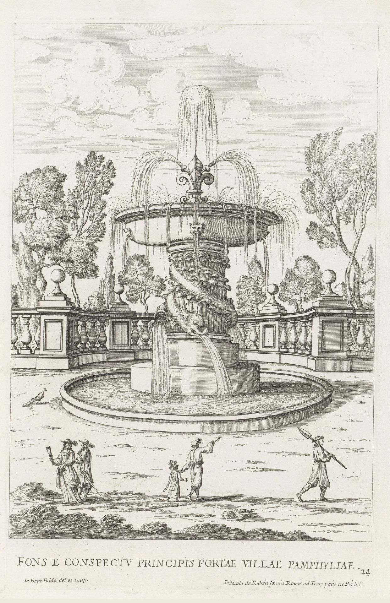 Fontein met dolfijnen in de tuinen van Villa Doria Pamphilj te Rome by Giovanni Battista Falda