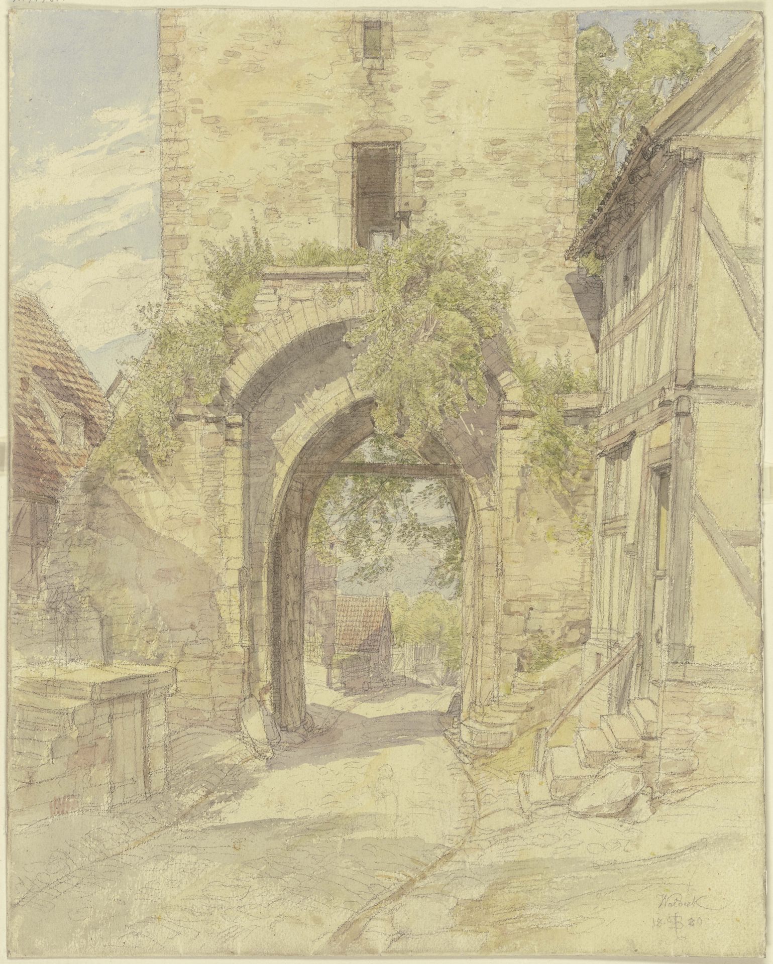 Torweg in Waldeck mit Ausblick auf eine bergabführende Straße by Peter Becker