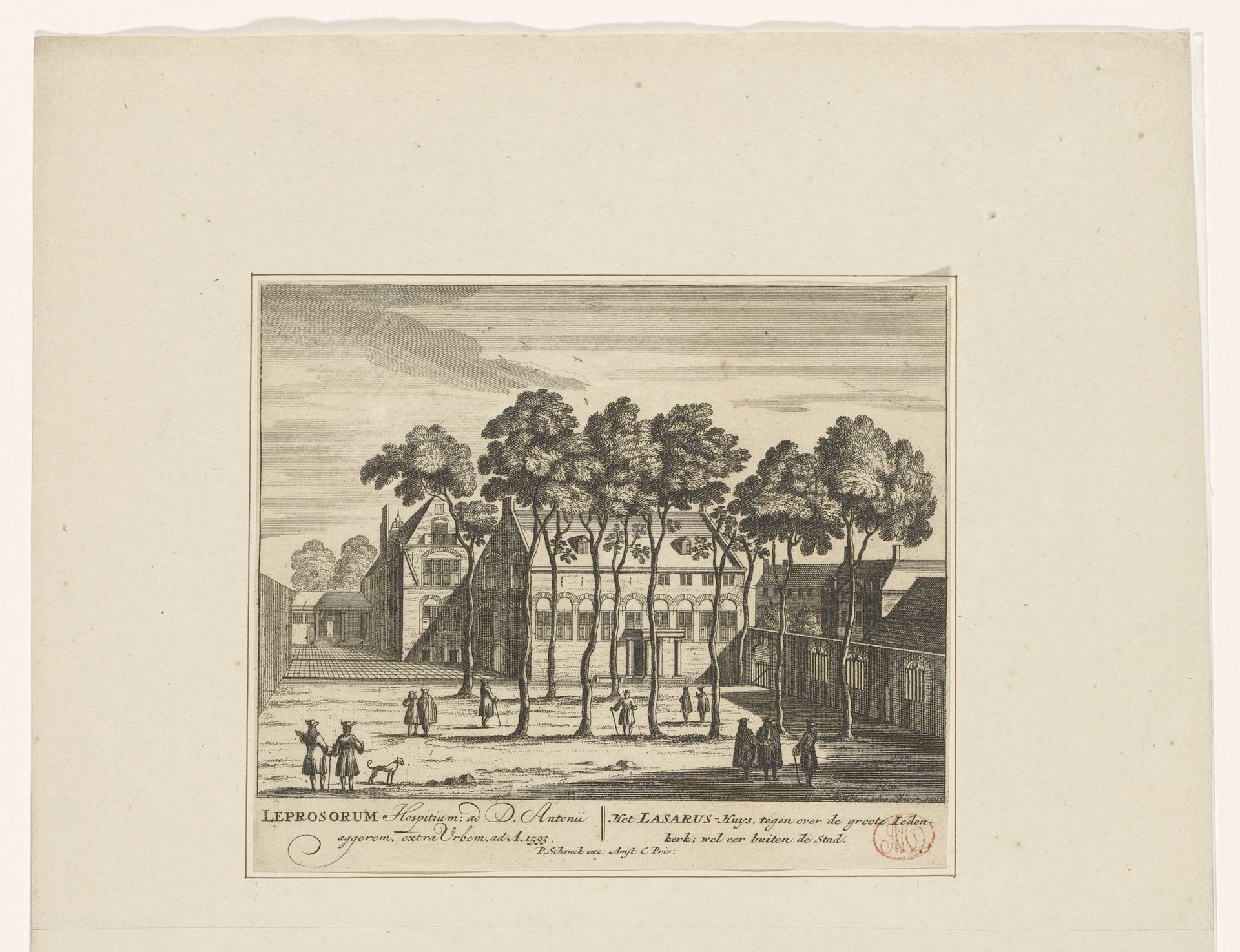 Gezicht op de binnenplaats van het Leprozenhuis te Amsterdam by Anonymous