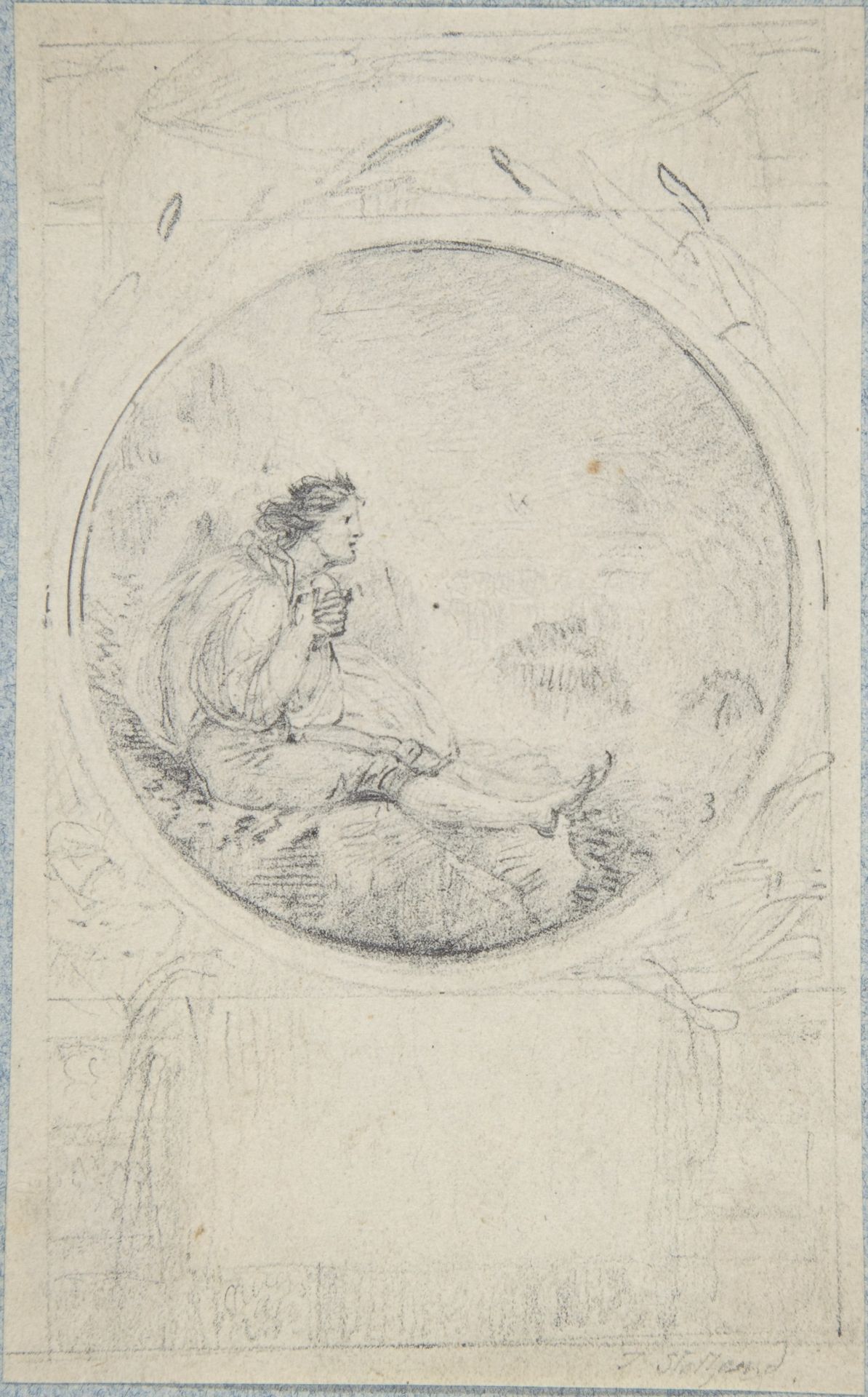 Seated man in circular medallion (design for a book illustration) by Thomas Stothard