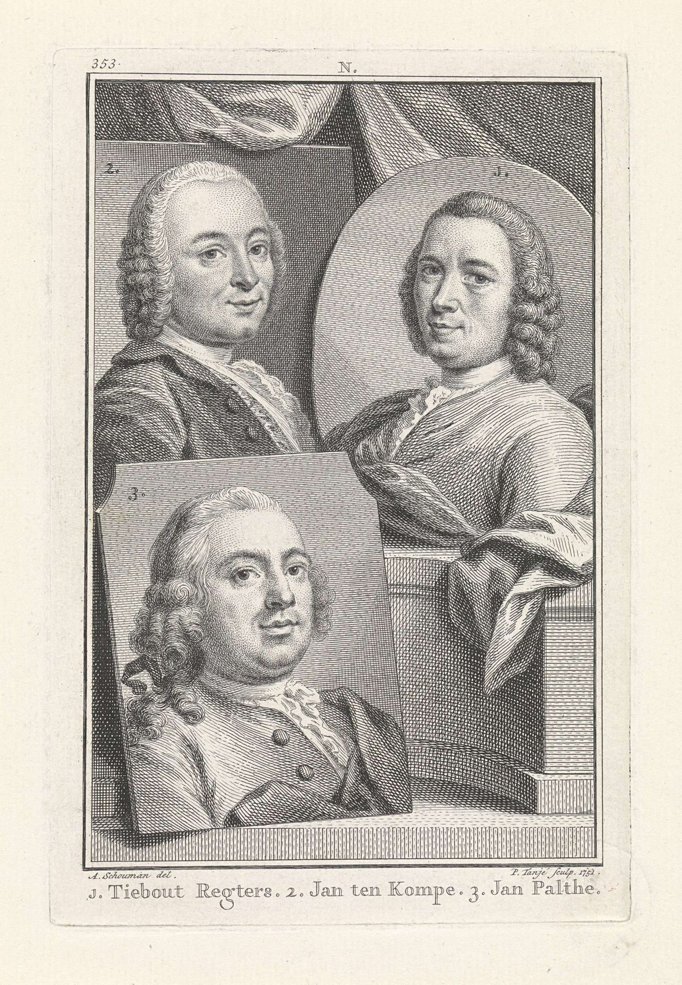 Portretten van Tibout Regters, Jan ten Compe en Jan Palthe by Pieter Tanjé
