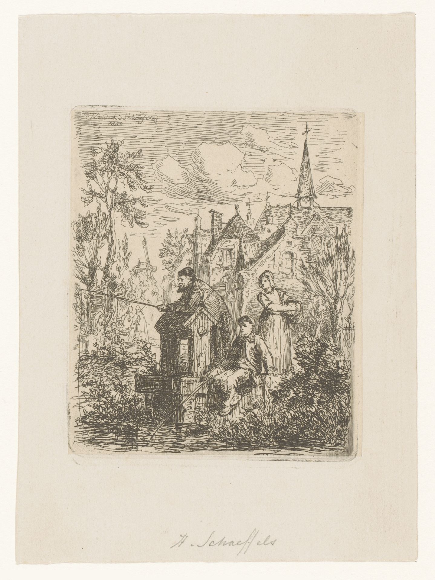 Vissers met hengel aan het water bij een dorp by Henri François Schaefels