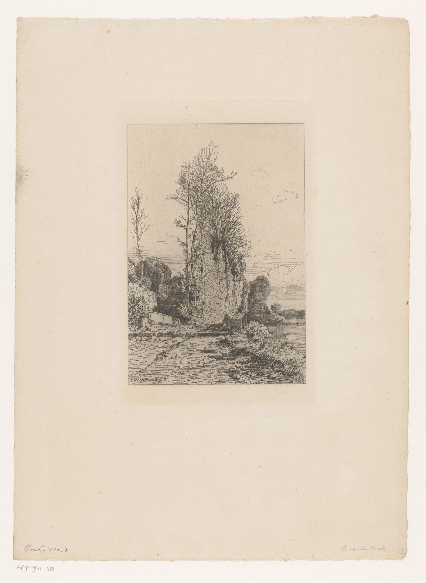 Landschap met figuur op een brug by Hendrick van der Hecht