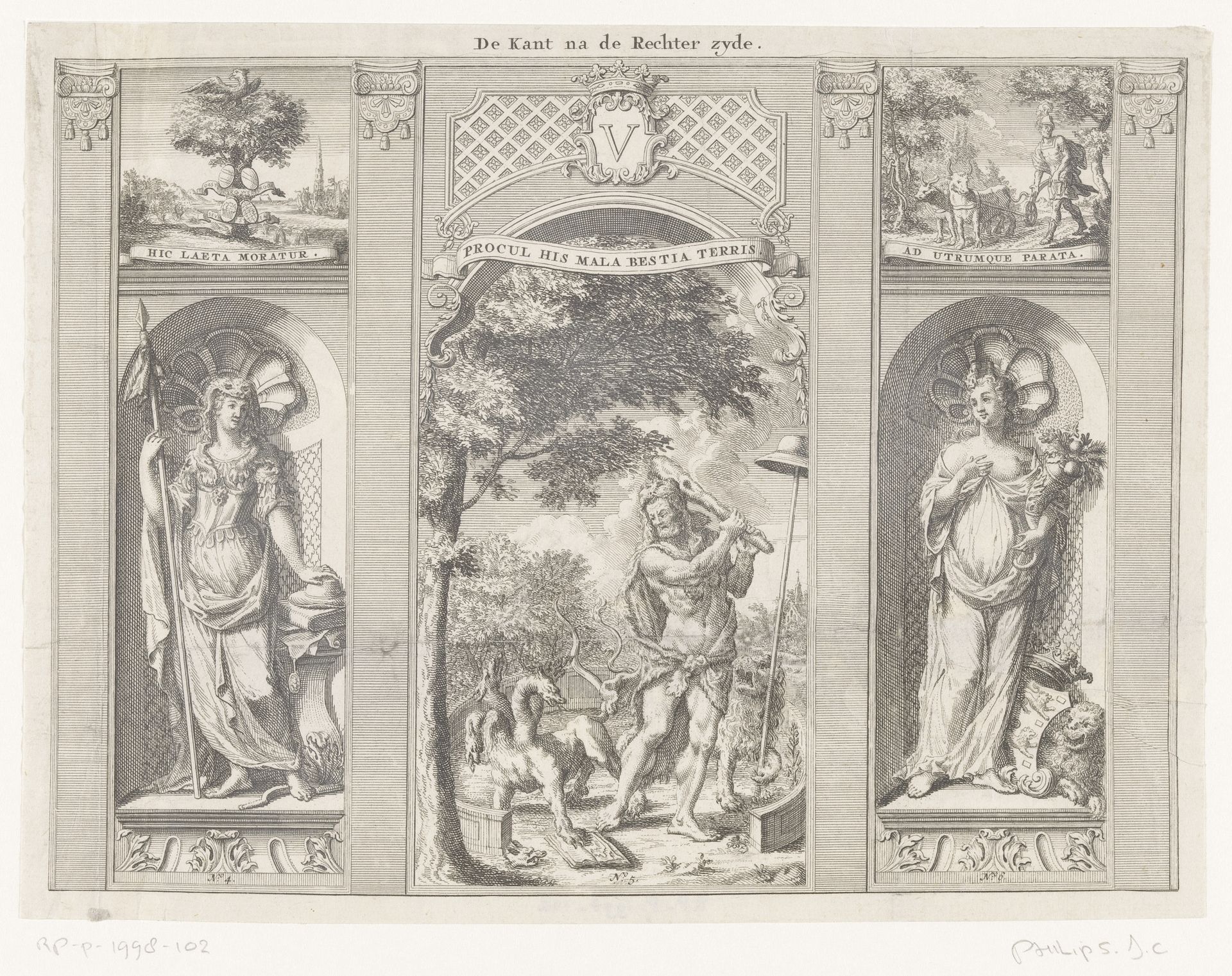Personificaties van de Vrijheid en Friesland en Hercules verdrijft Hydra uit een tuin by Jan Caspar Philips