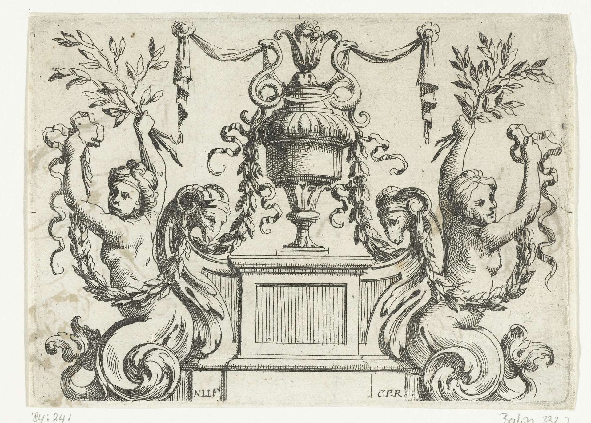 Twee sirenes naast voetstuk met urn by Nicolas Pierre Loir