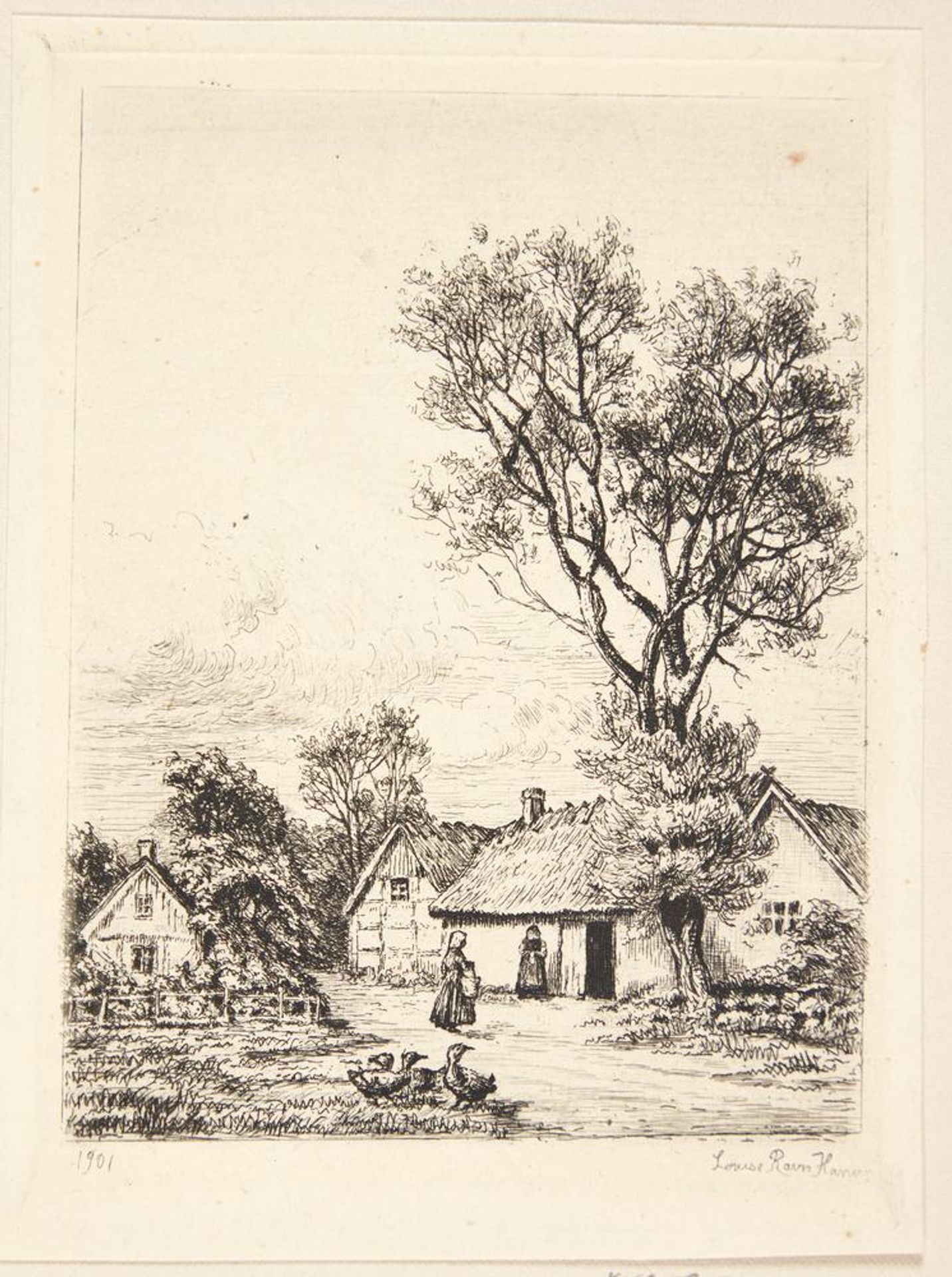 Bondehuse, med et stort træ by Louise Ravn-Hansen