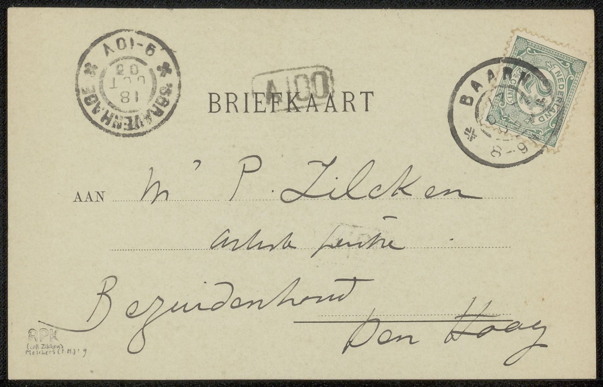 Briefkaart aan Philip Zilcken by F.M. Melchers