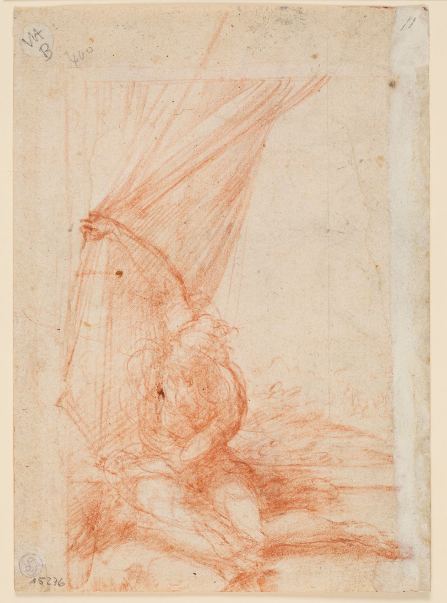 Sitzende Gestalt, die einen Vorhang beiseite schiebt by Parmigianino