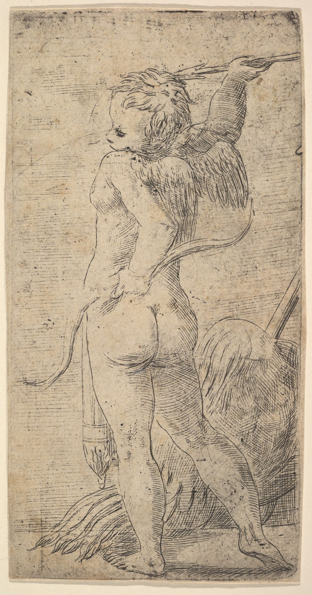 Cupid viewed from behind holding an arrow in his raised right hand, a bow in his left by Andrea Schiavone (Andrea Meldola)
