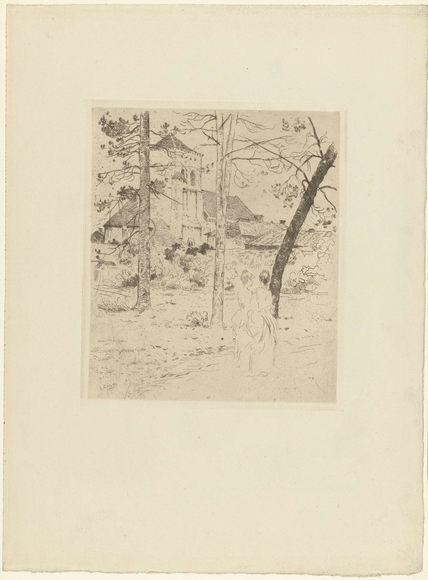 Twee vrouwen wandelen voorbij kerk en bomen by Henry Lerolle