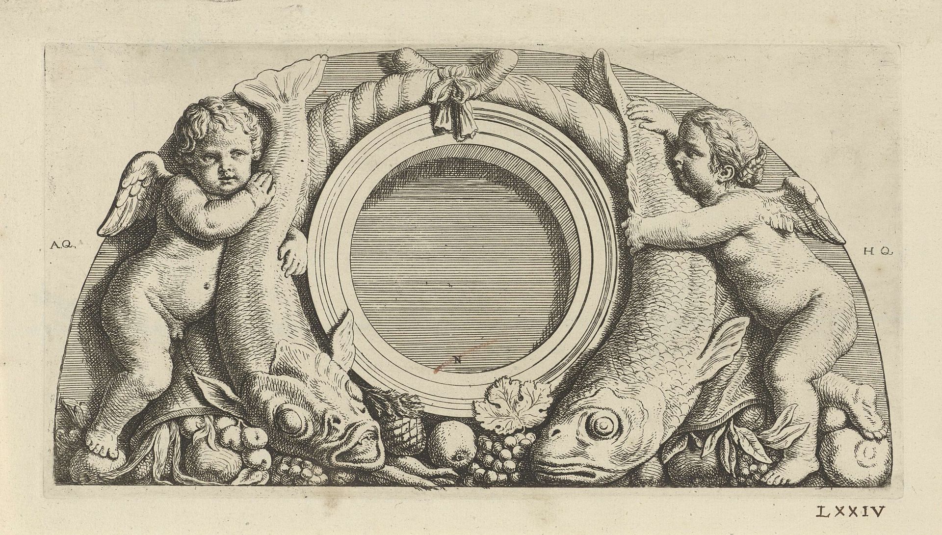 Lunette met putti, vissen en hoornen des overvloeds in de oostelijke galerij van het Stadhuis op de Dam by Hubert Quellinus