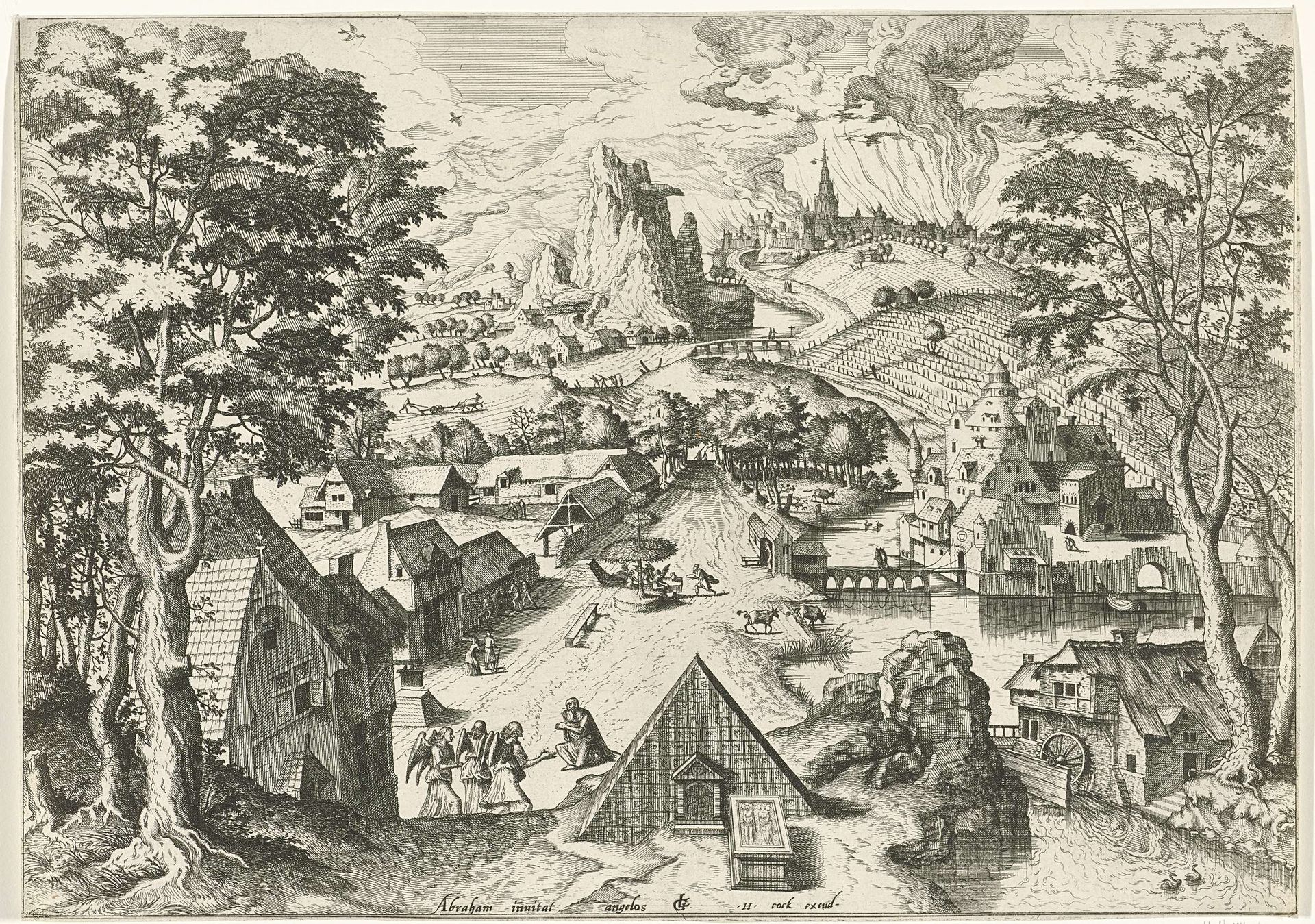 Abraham met de engelen in een landschap by Johannes of Lucas van Doetechum