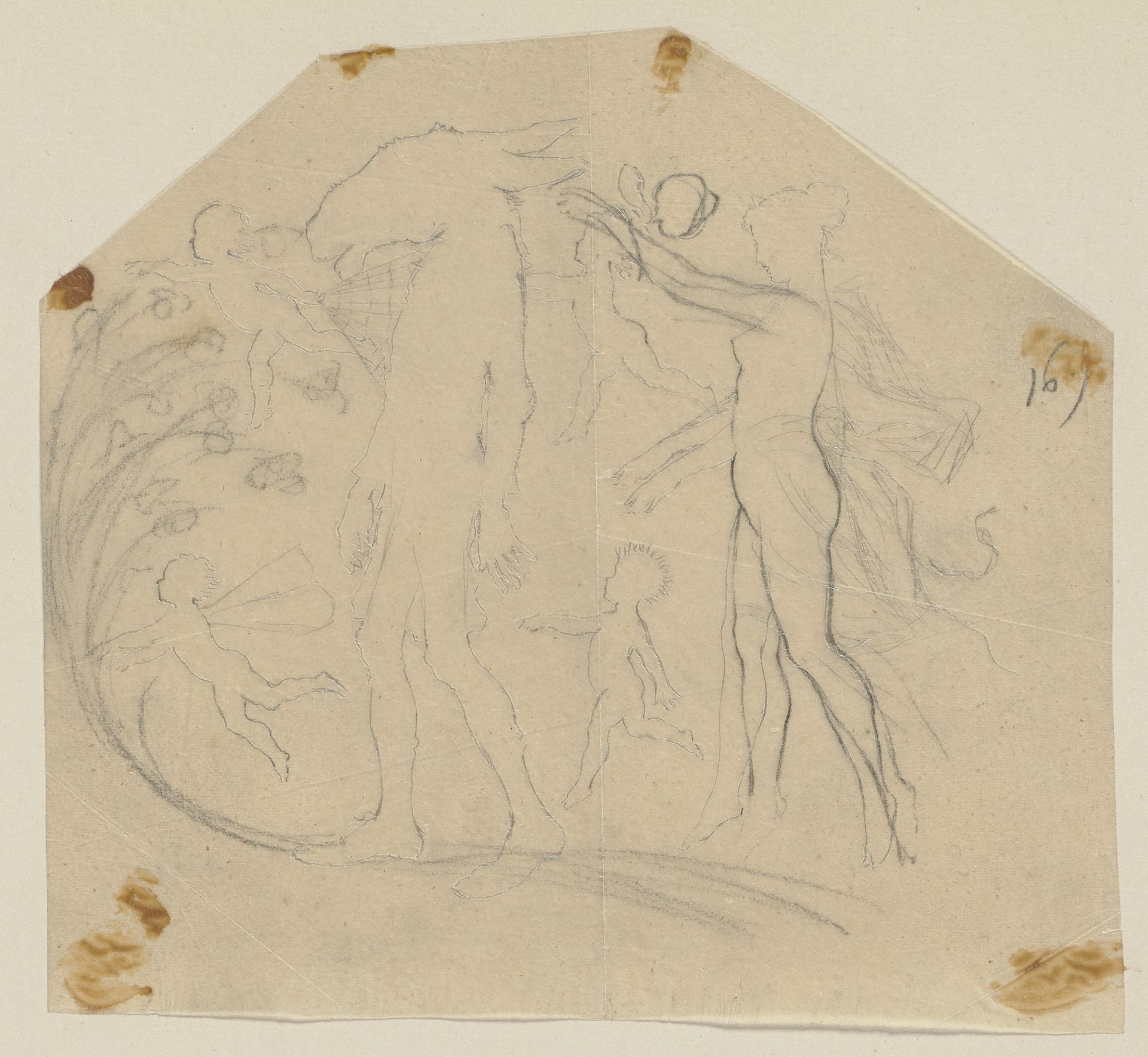 Titania, unbekleidet und mit hochgestecktem Haar, und Nick Bottom mit Eselskopf, gehend, begleitet von Elfenkindern by Paul Konewka