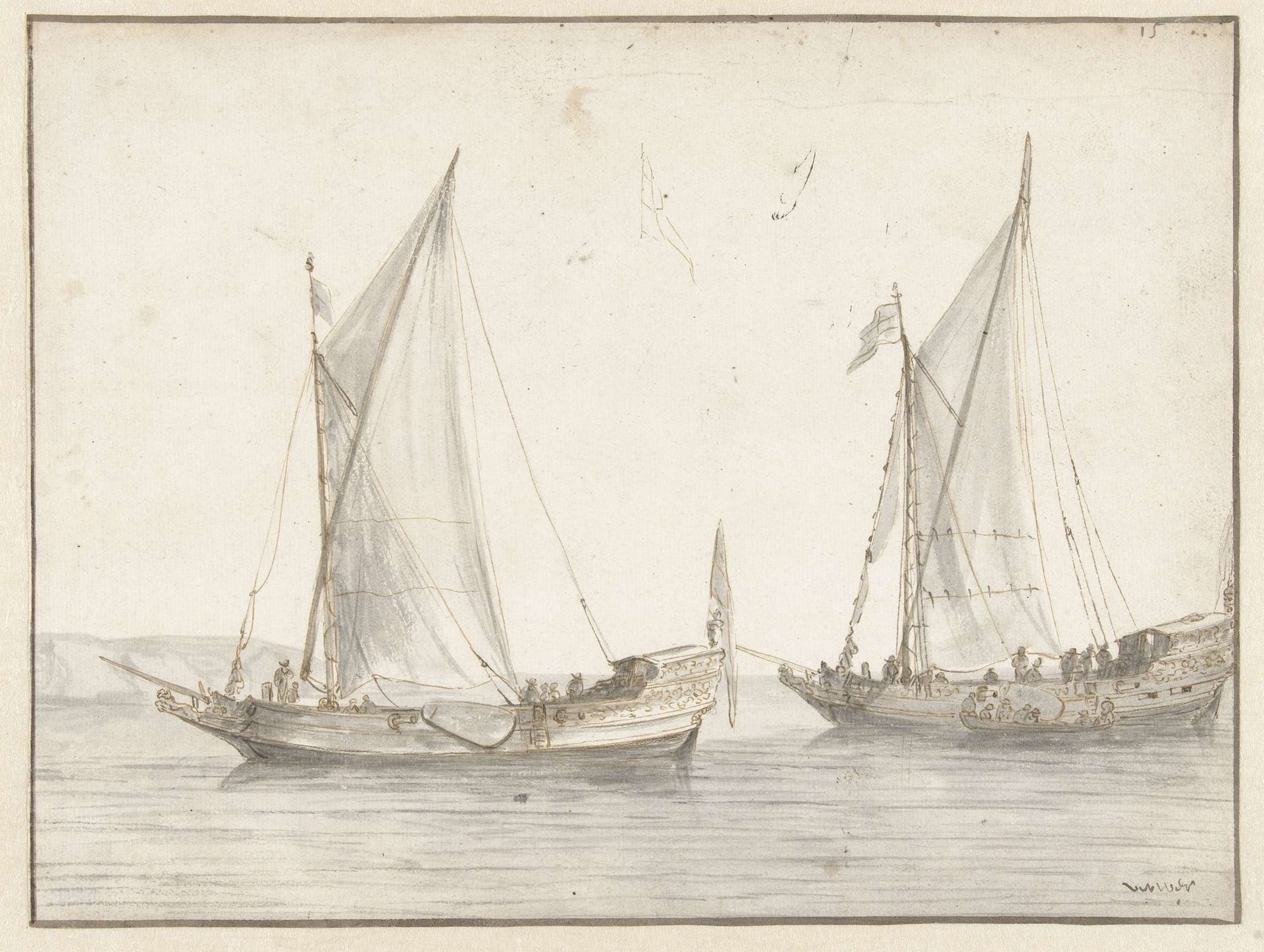 Stille zee met twee jachten by Abraham de Verwer