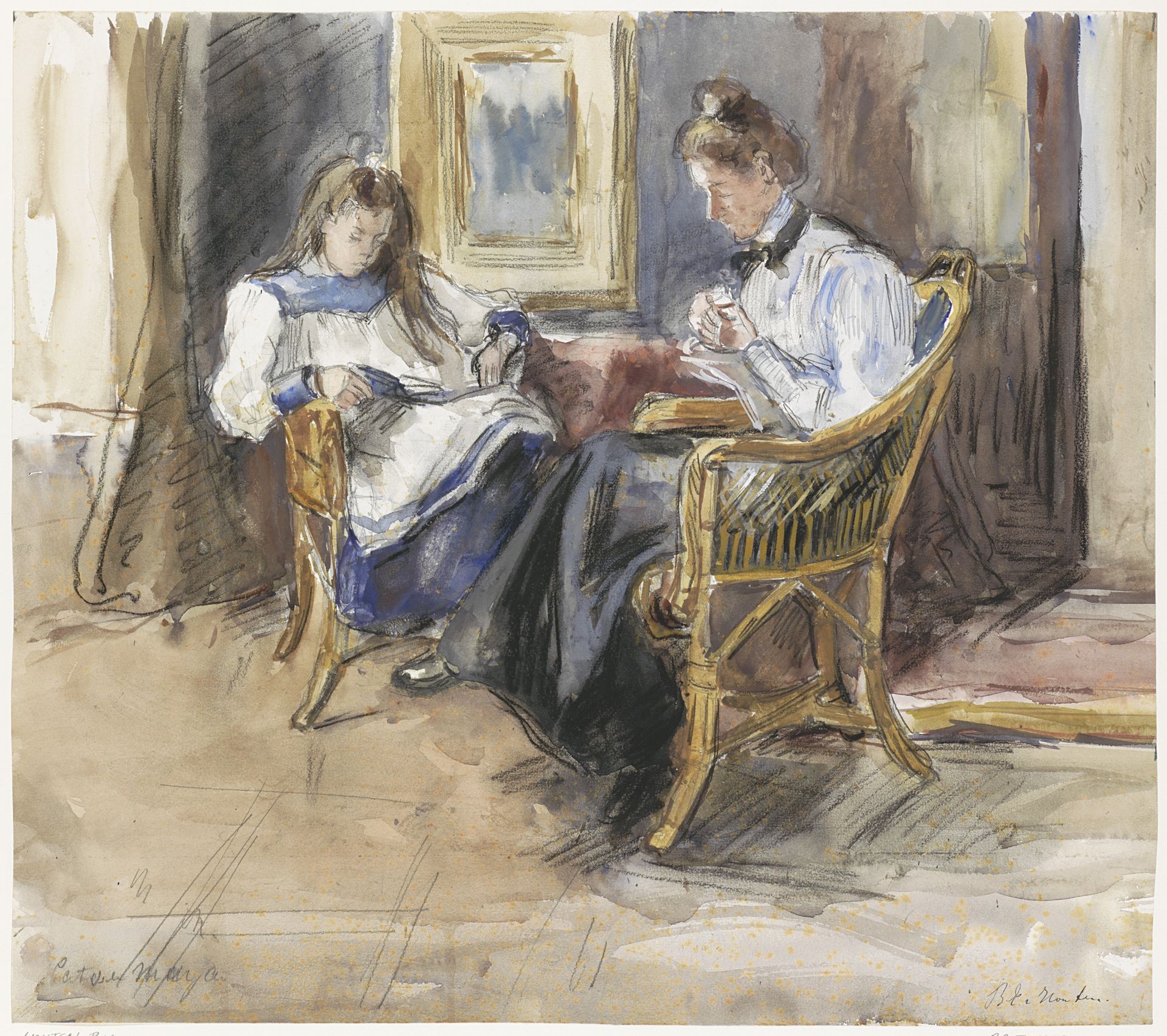 Handwerkende dame en lezend meisje in rieten stoelen gezeten, in het huis aan de Riouwstraat 6, te Den Haag by Barbara Elisabeth van Houten