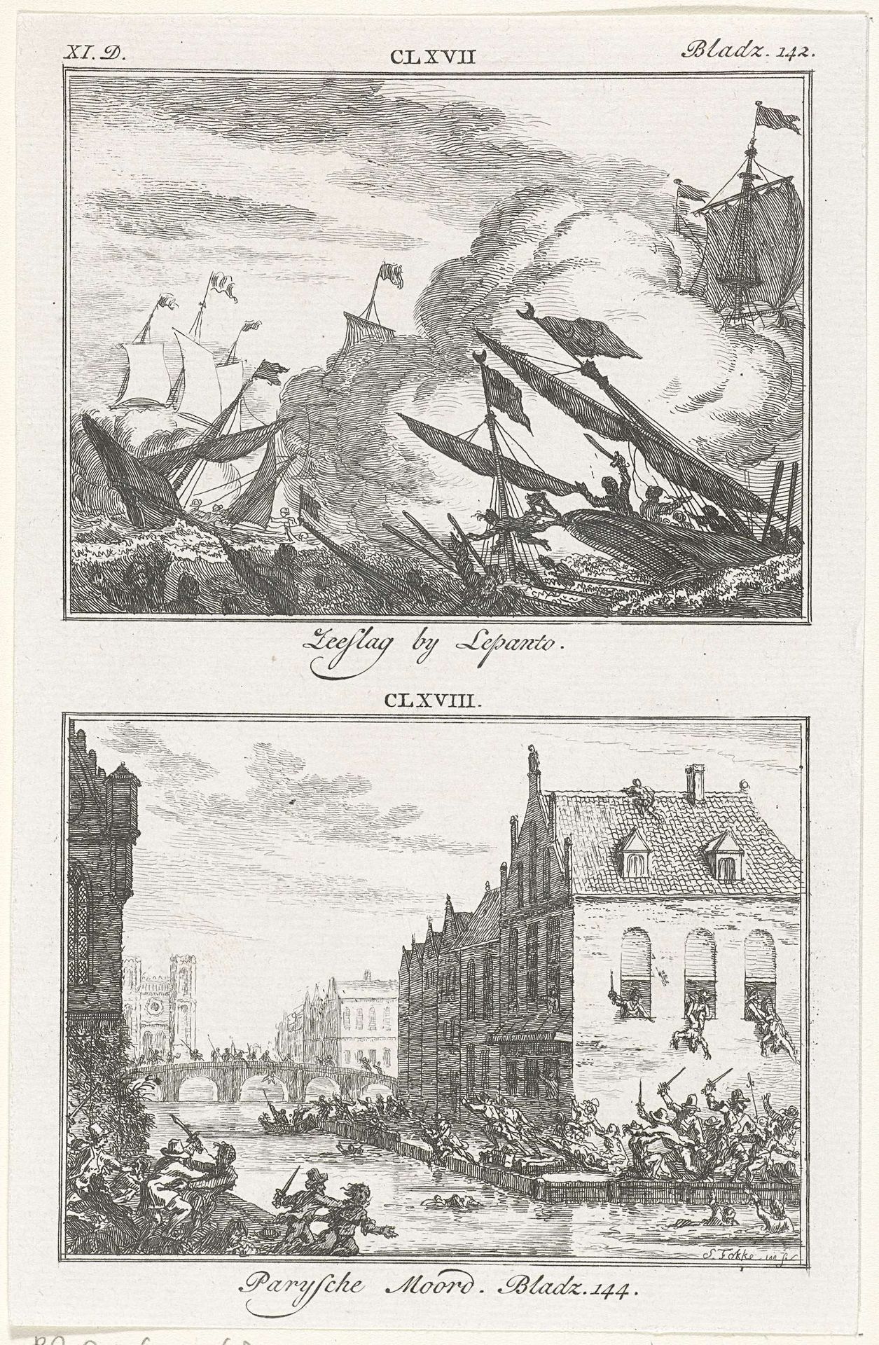 Slag bij Lepanto, 1571, en moordpartij tijdens de Bartholomeüsnacht te Parijs, 1572 by Simon Fokke