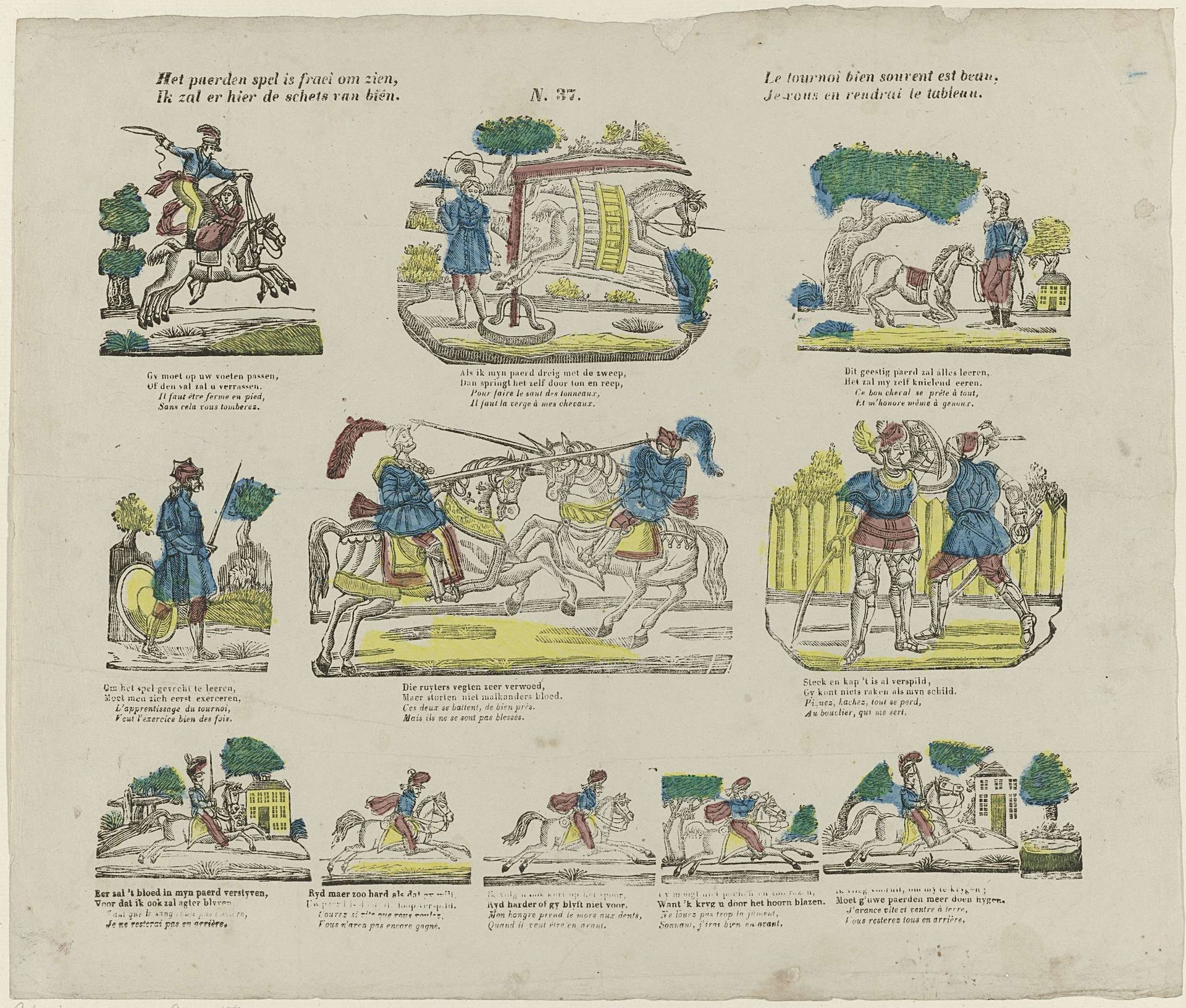 Het paerden spel is fraei om zien, / Ik zal er hier de schets van biên / Le tournoi bien souvent est beau, / Je vous en rendrai le tableau by Glenisson & Zonen