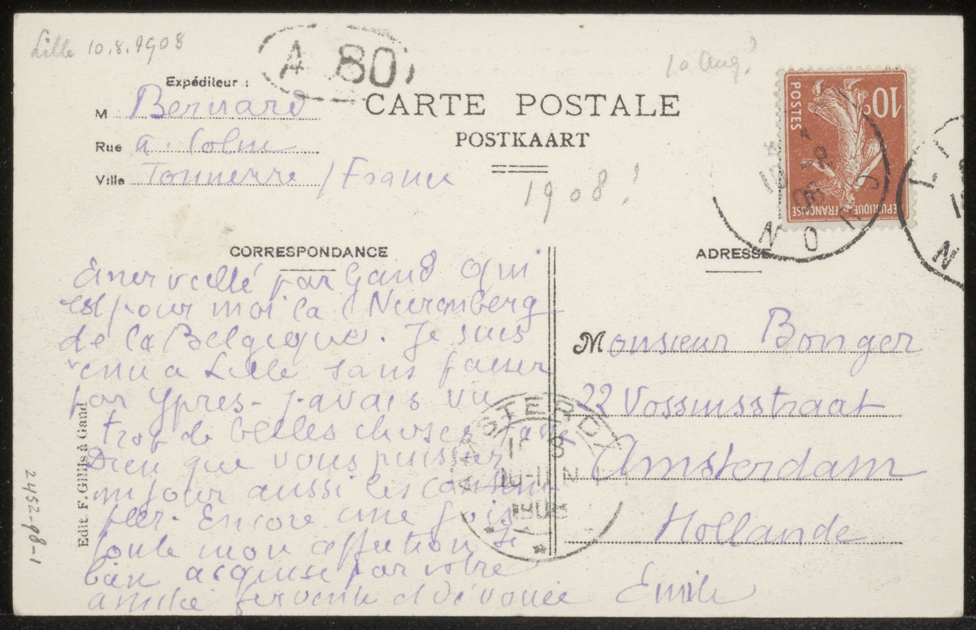 Prentbriefkaart aan Andries Bonger by Emile Bernard