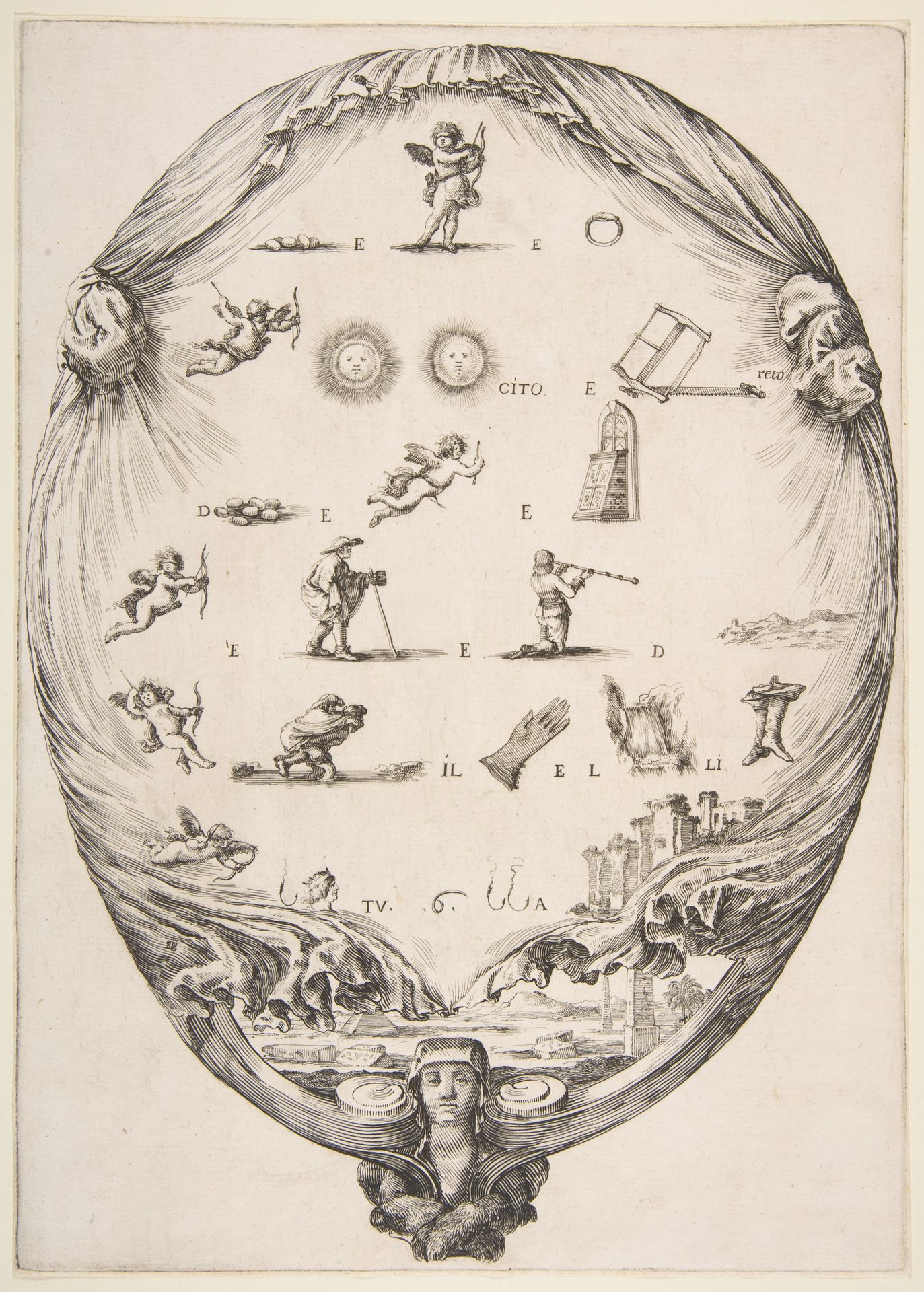 Rébus on the subject of love, a riddle depicted on drapery, below a landscape with a pyramid and two obelisks, a bust of a sphinx at bottom, an oval composition by Stefano della Bella