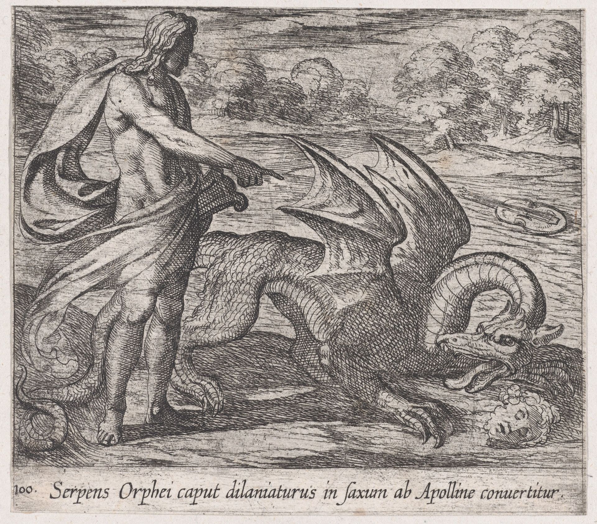 Plate 100: Apollo Killing the Serpent Attacking Opheus's Head (Serpens Orphei caput dilaniaturus in saxum ab Apolline convertitur), from Ovid's 'Metamorphoses' by Antonio Tempesta