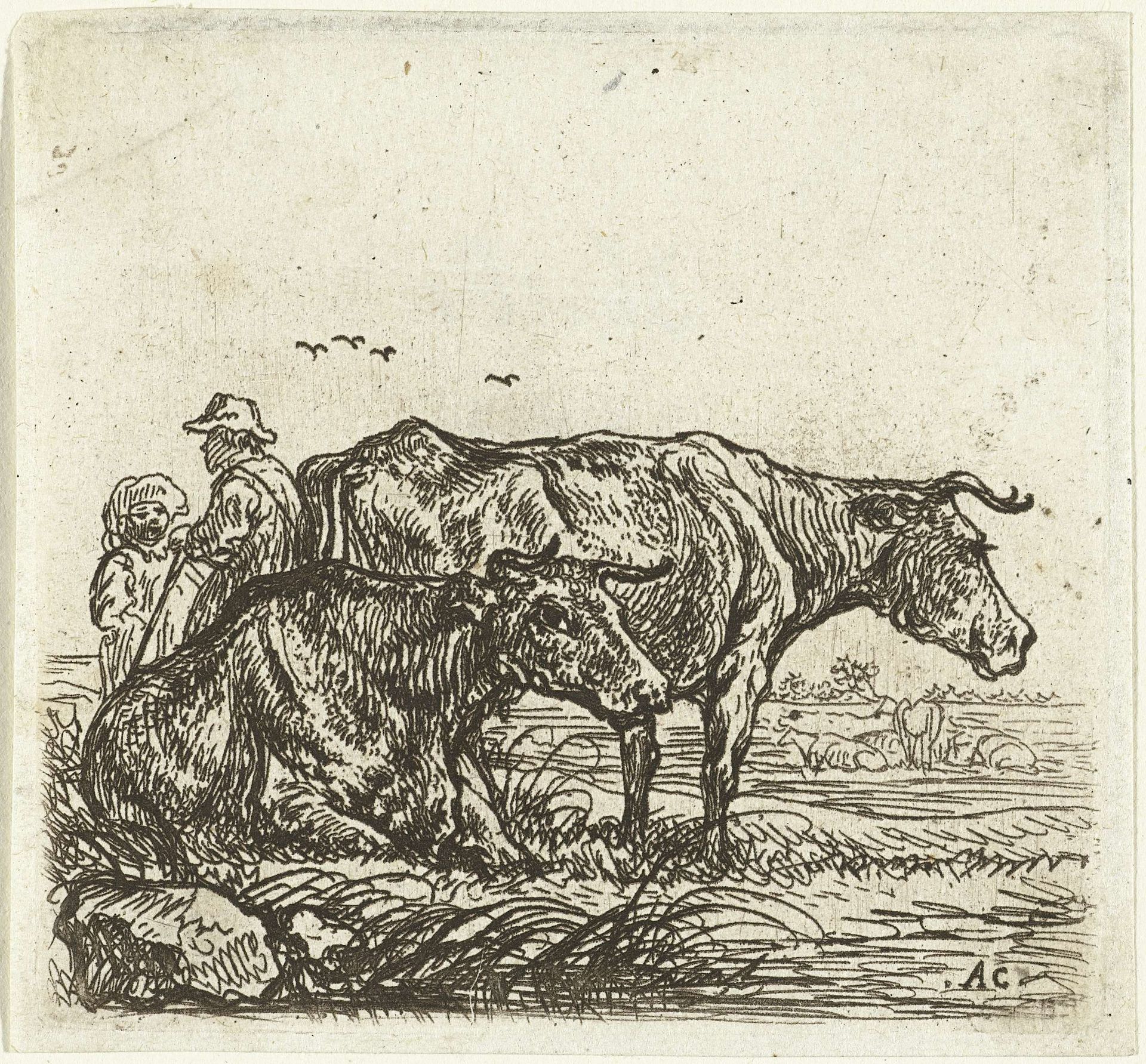 Twee koeien en herders by Aelbert Cuyp