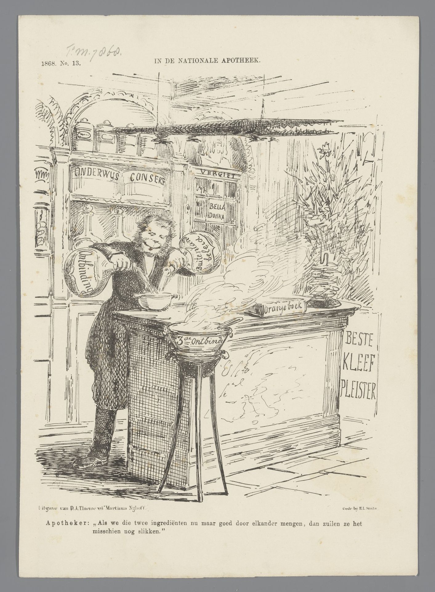 Spotprent op minister Van Zuylen als apotheker, 1868 by Johan Michaël Schmidt Crans