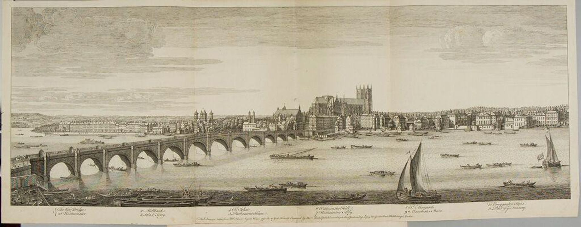 View of the New Bridge and Westminster Abby, view from Mr. Scheve's Sugar House by Samuel Buck