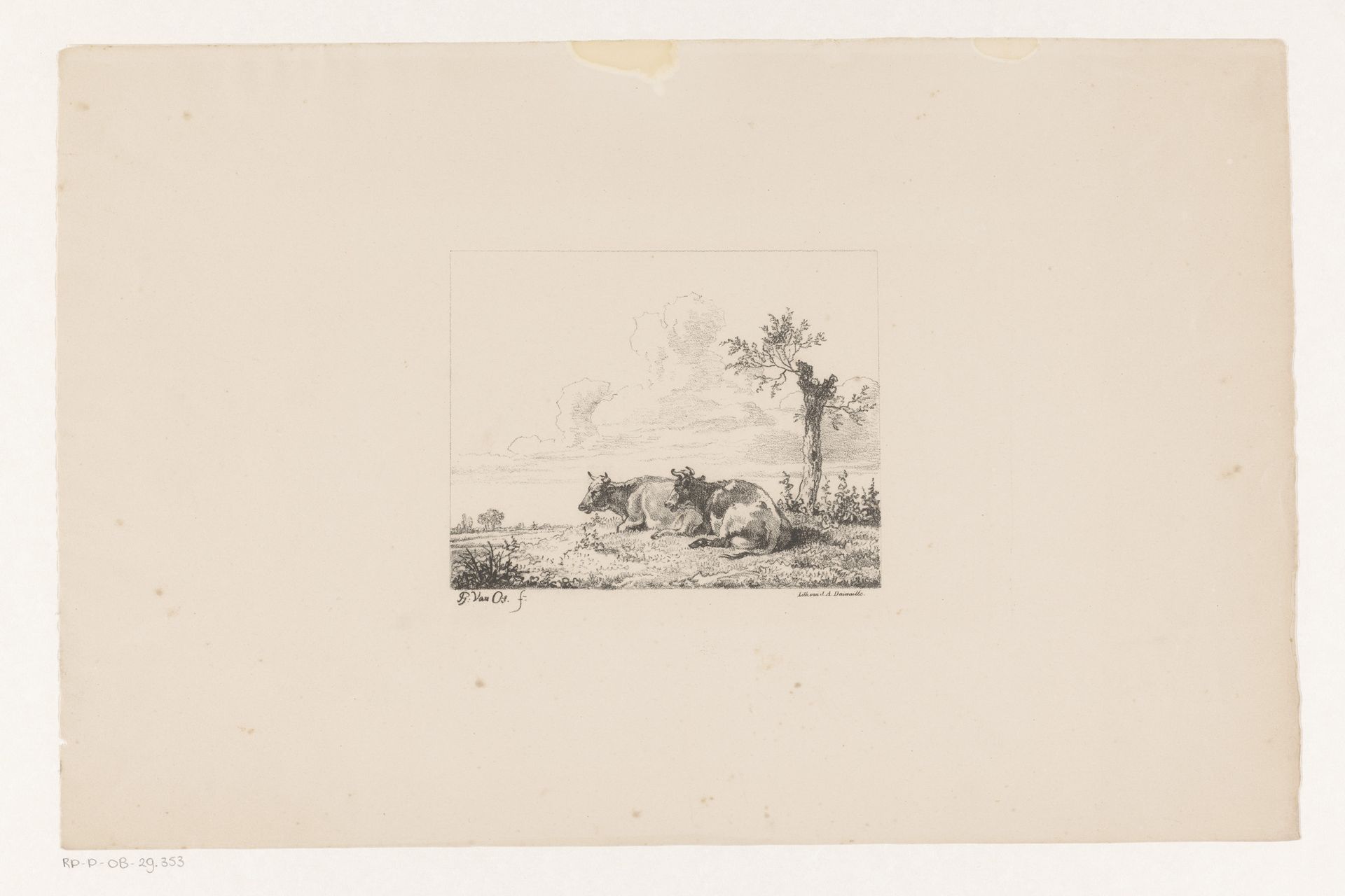 Twee liggende koeien by Jean Augustin Daiwaille