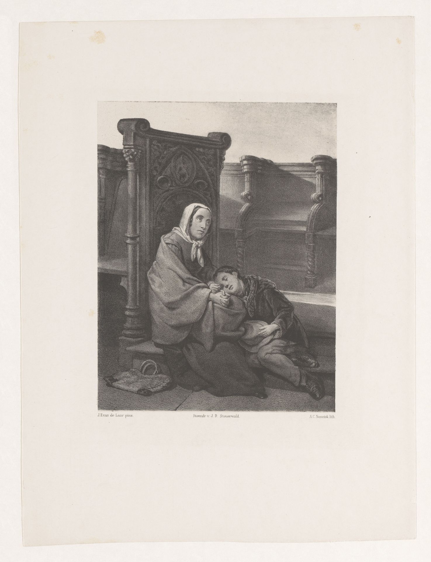 Vrouw en jongen in kerkinterieur by Adolf Carel Nunnink