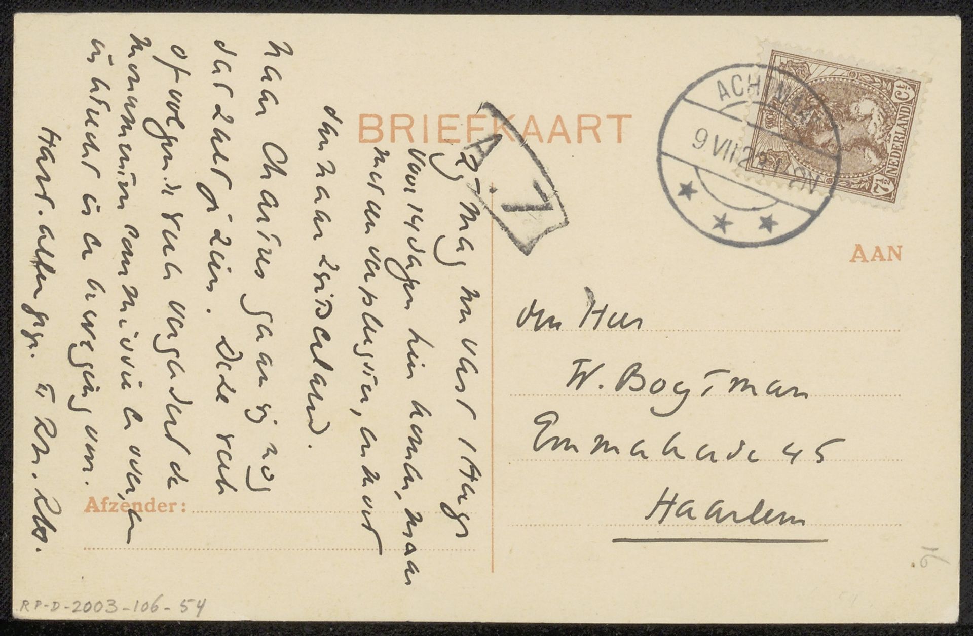 Briefkaart aan Willem Bogtman by Richard Nicolaüs Roland Holst