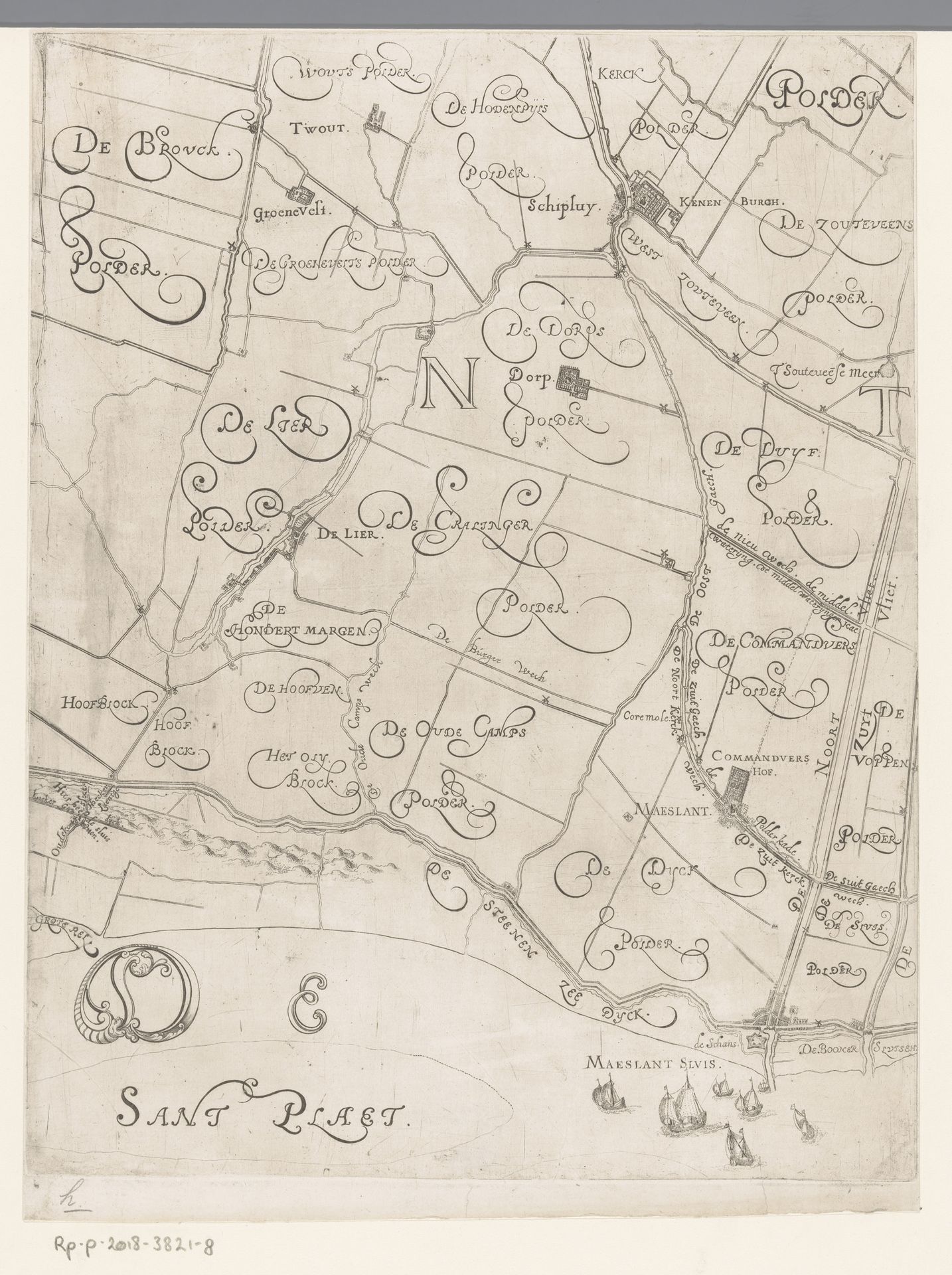 Kaart van het Hoogheemraadschap van Delfland, met Schipluiden en Maasland, deel midden onder by Floris Balthasarsz van Berckenrode