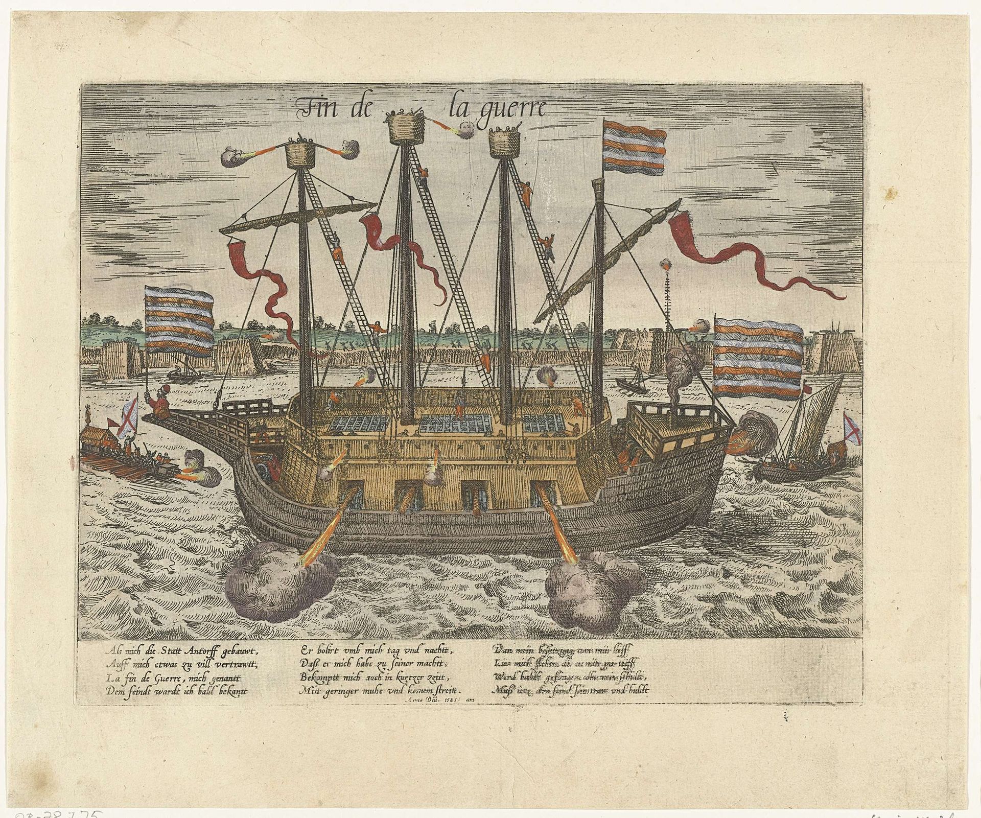 Het schip Fin de la guerre, 1585 by Frans Hogenberg