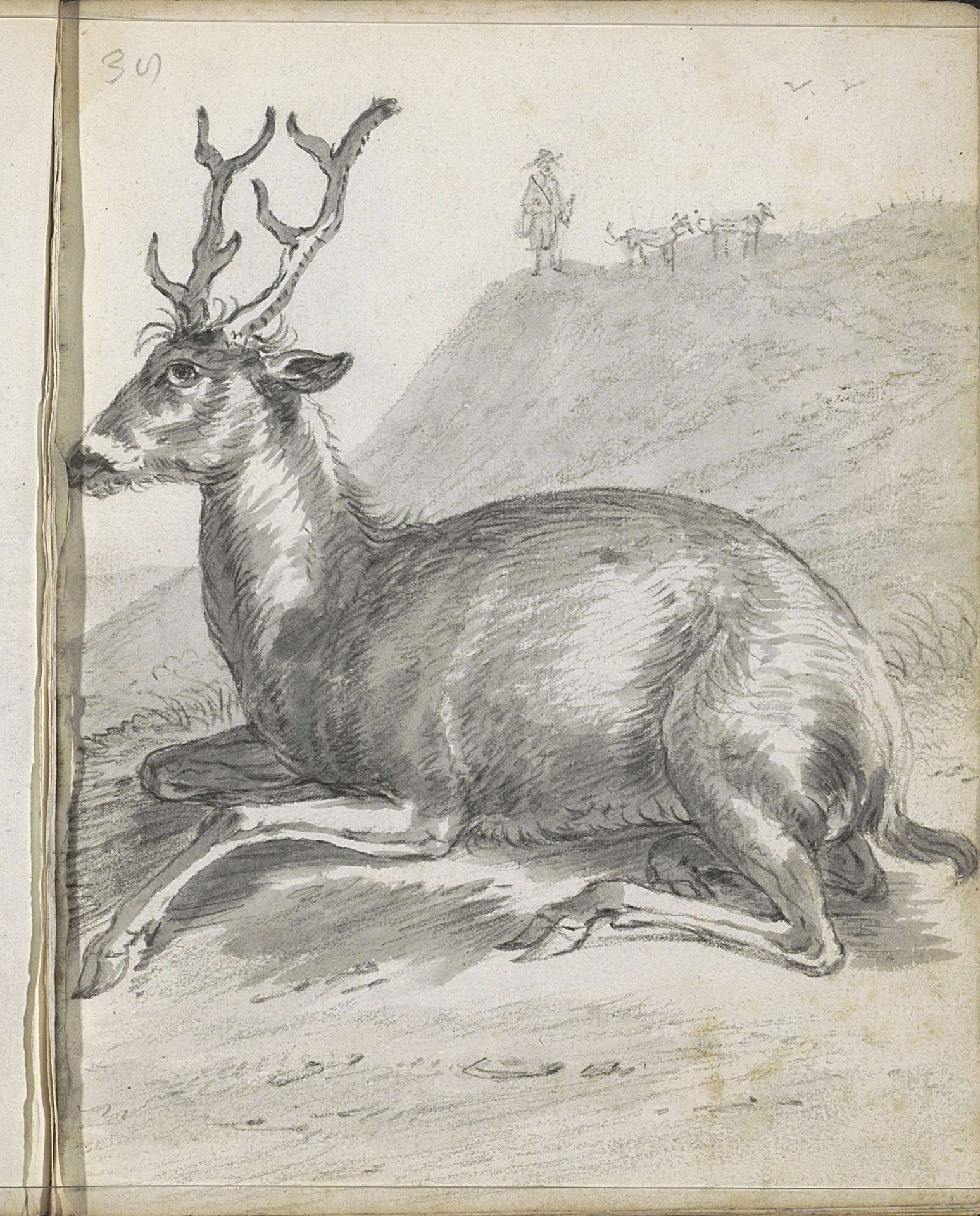 Heuvellandschap met liggend hert by Cornelis Saftleven