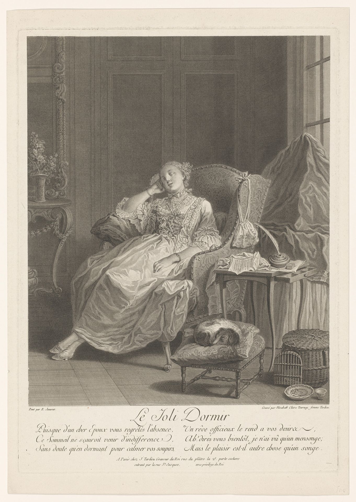Interieur met slapende elegante dame in stoel by Elisabeth Claire Tardieu