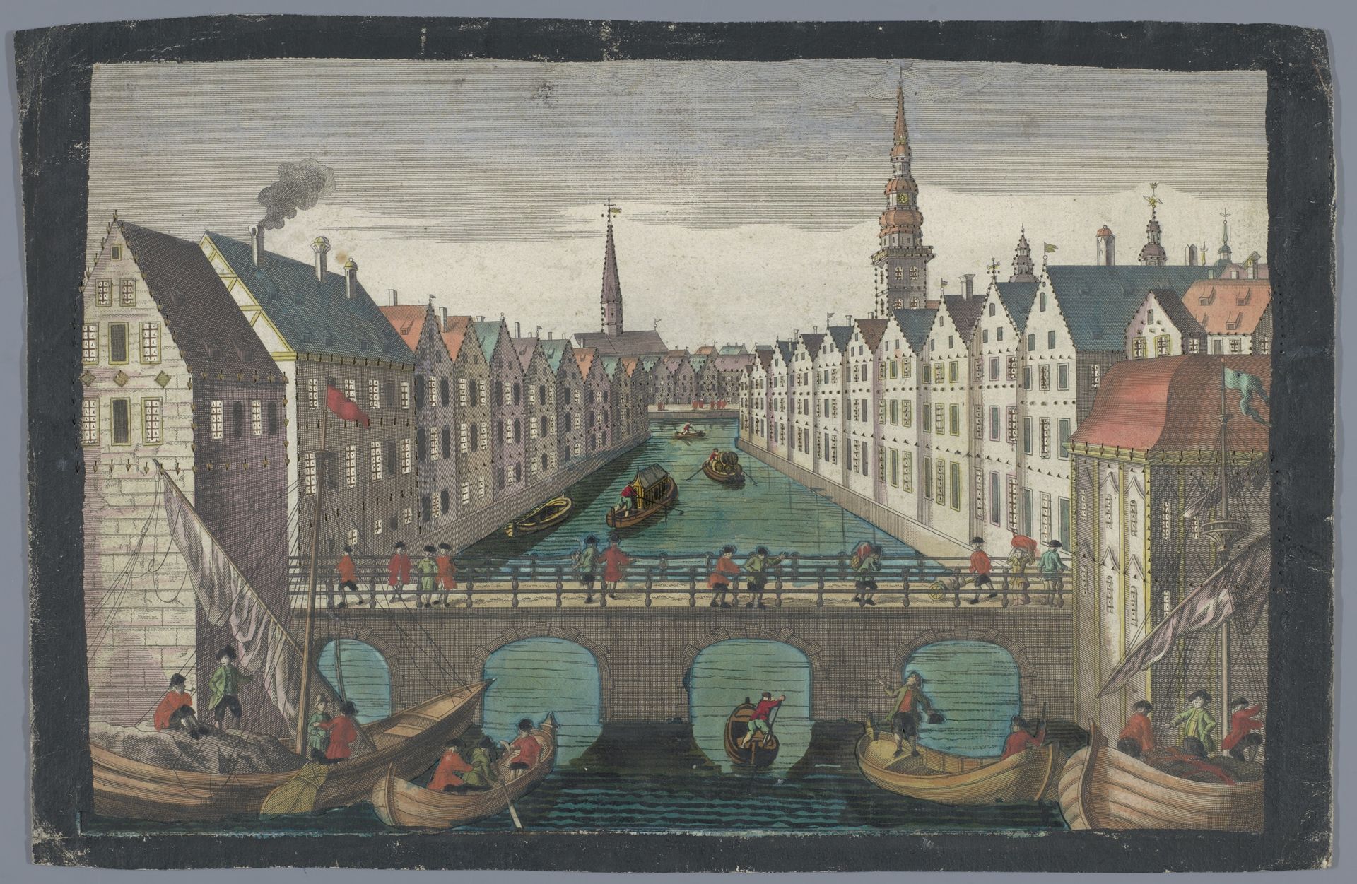 Gezicht op de Nikolaifleet tegenover de Sankt Nikolaikirche te Hamburg by Georg Balthasar Probst