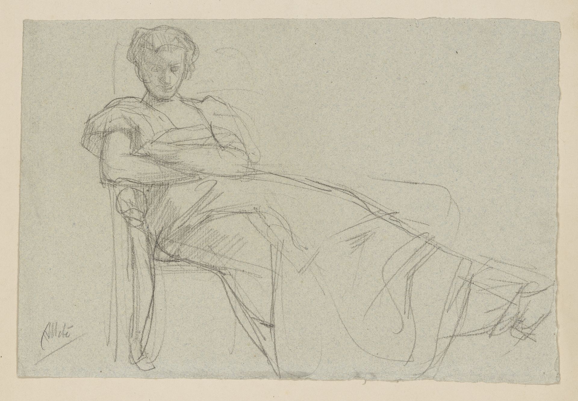 Portret van een vrouw, zittend op een stoel in een psychiatrische inrichting by August Allebé