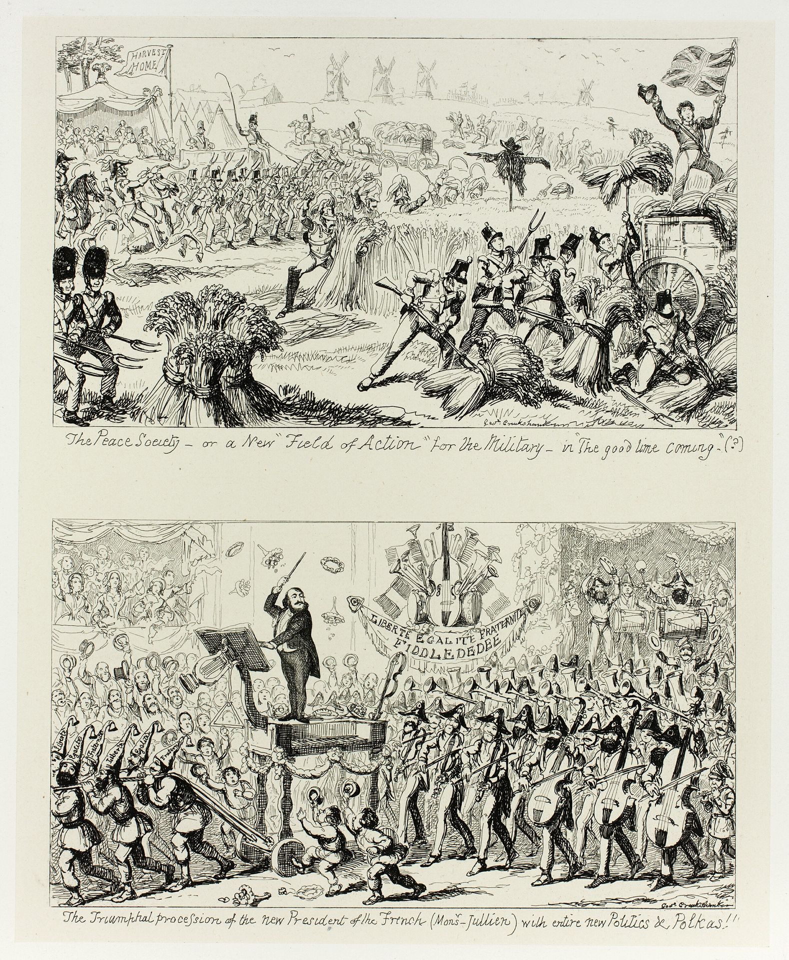 The Peace Society, or a New "Field of Action" for the Military - in "The Good Time Coming" from George Cruikshank's Steel Etchings to The Comic Almanacks: 1835-1853 (top) by George Cruikshank