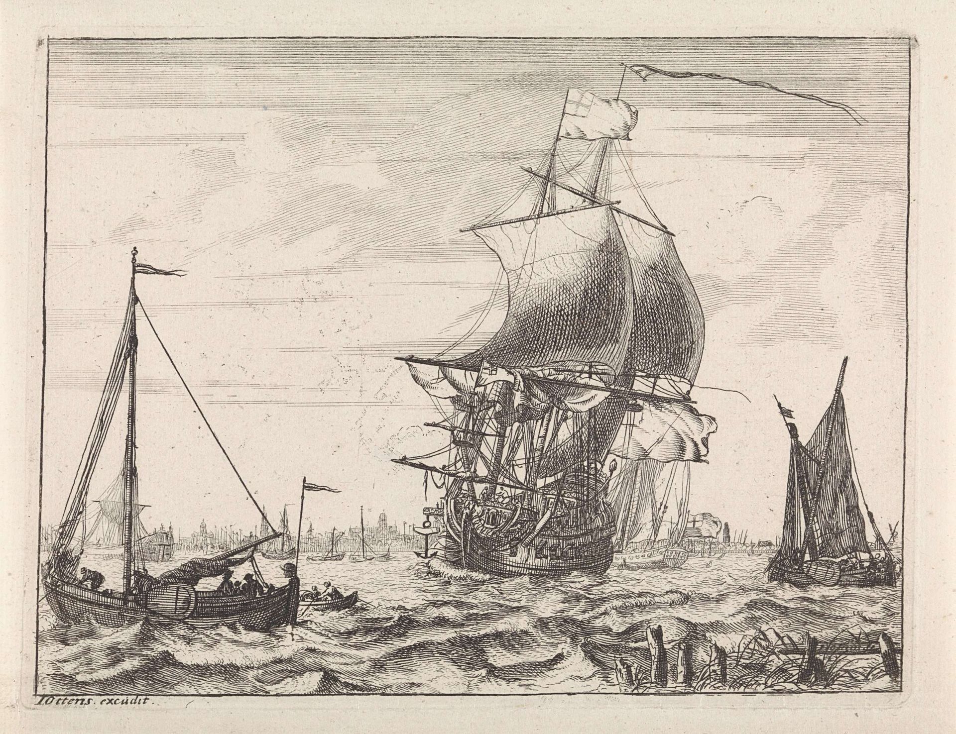 Gezicht op het IJ met roeiboot by Frederik Ottens
