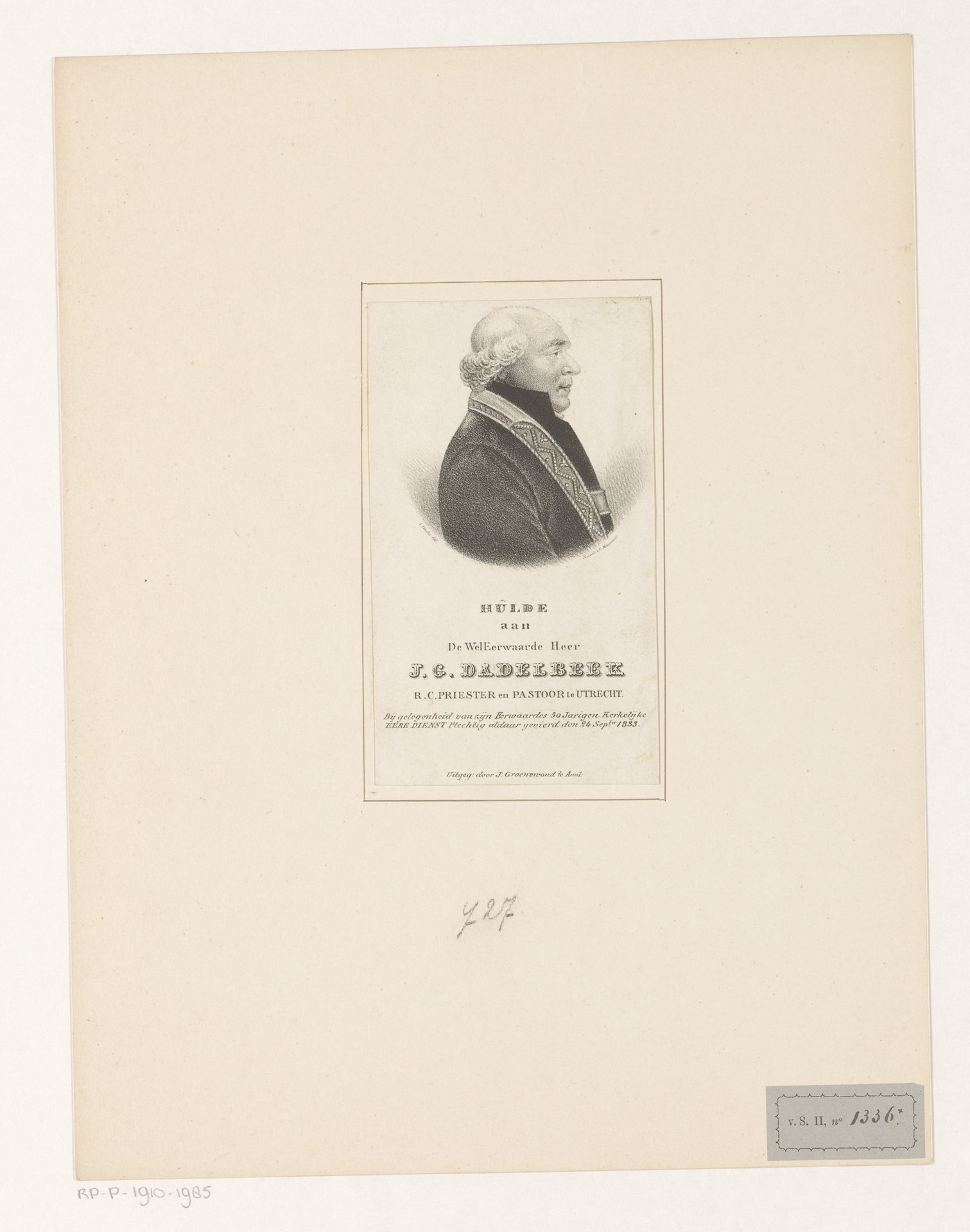 Portret van Johannes Gerardus van Dadelbeek by Joannes Antonius Augustinus Pluckx