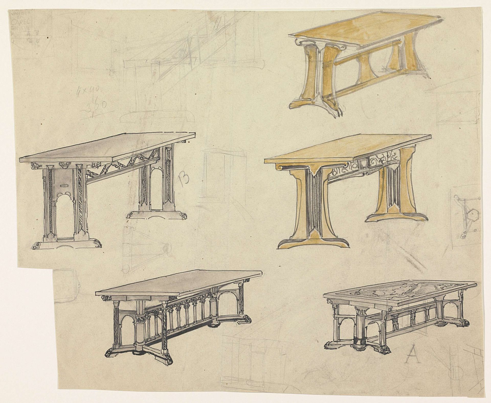 Vijf ontwerpen voor tafels by Carel Adolph Lion Cachet