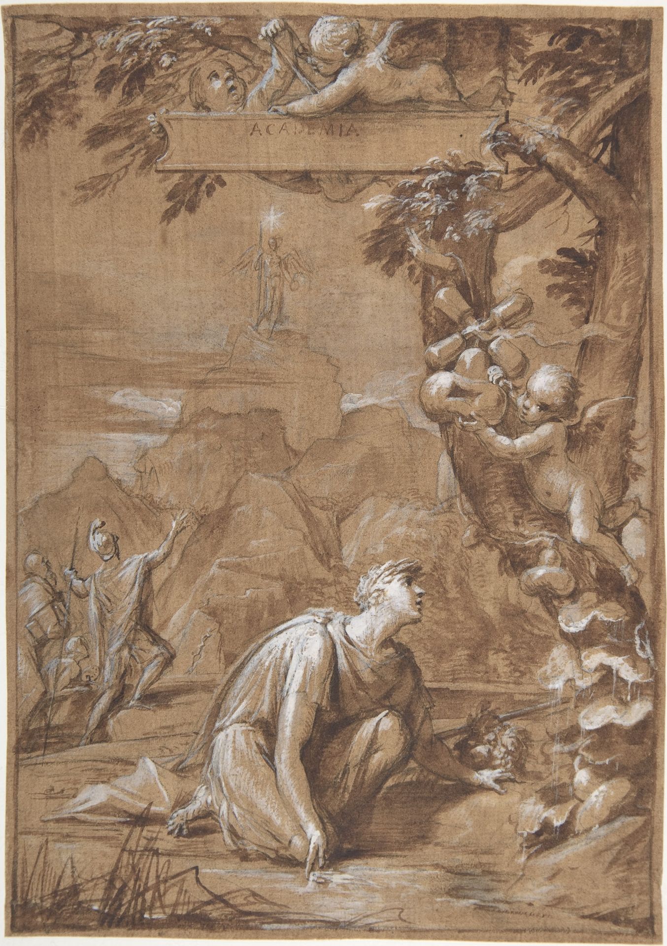 Design for a Frontispiece; Allegorical Composition with a Young Man Kneeling before a Tree by Giovanni Angelo Canini