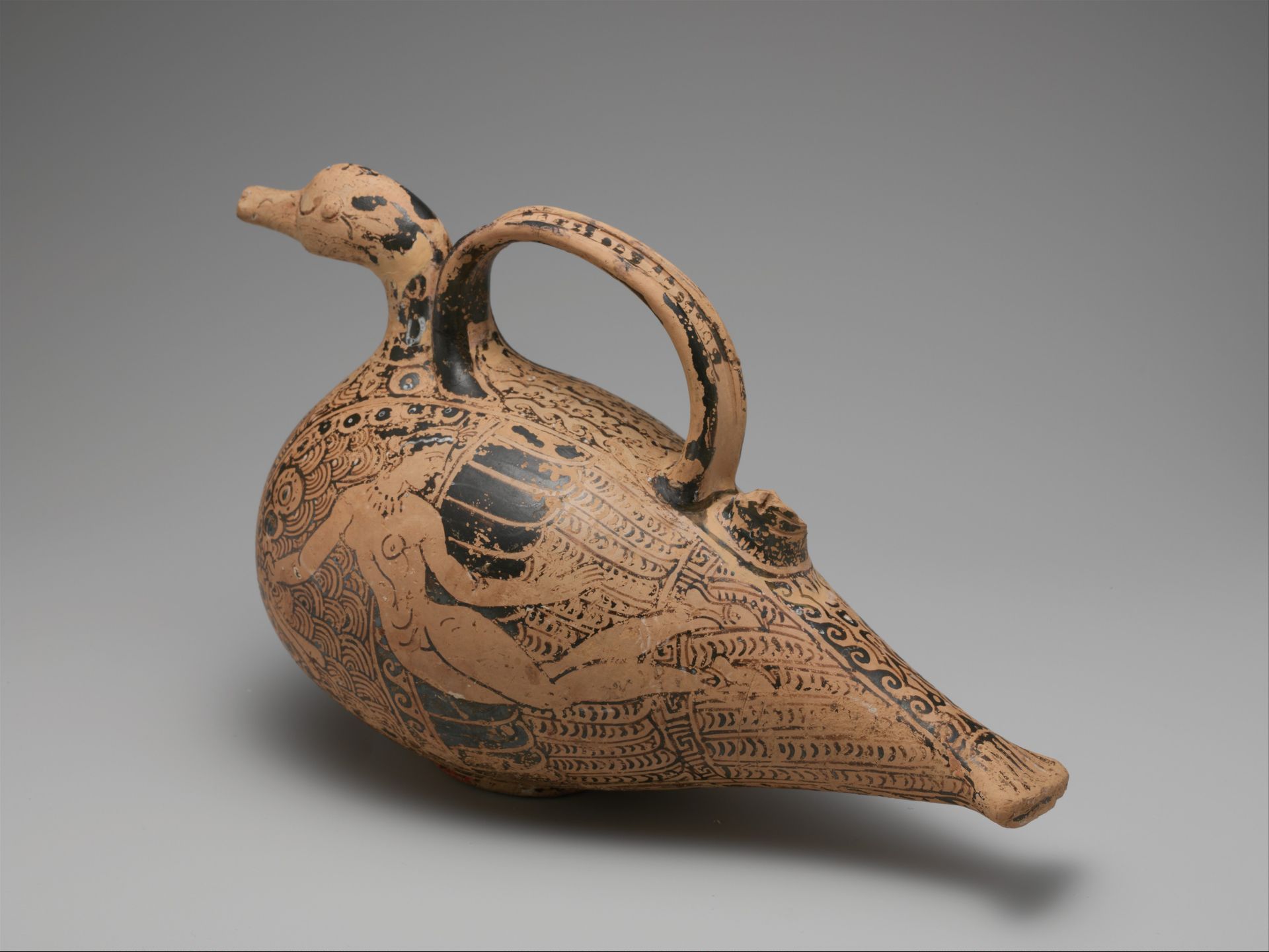 Terracotta duck-askos (flask with spout and handle) by Clusium Group