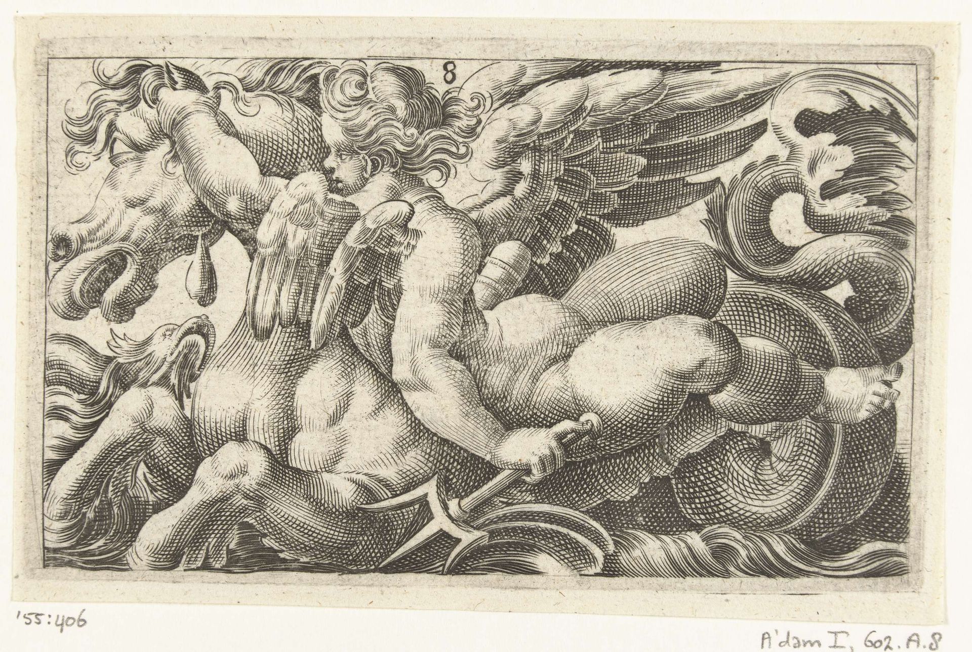 Putto met een drietand, achterstevoren rijdend op een zeepaard by Adam Fuchs