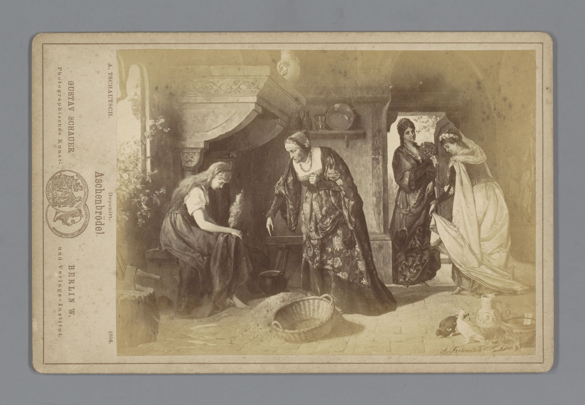 Fotoreproductie van een schilderij, voorstellende Assepoester met haar stiefmoeder en stiefzussen by Gustav Schauer