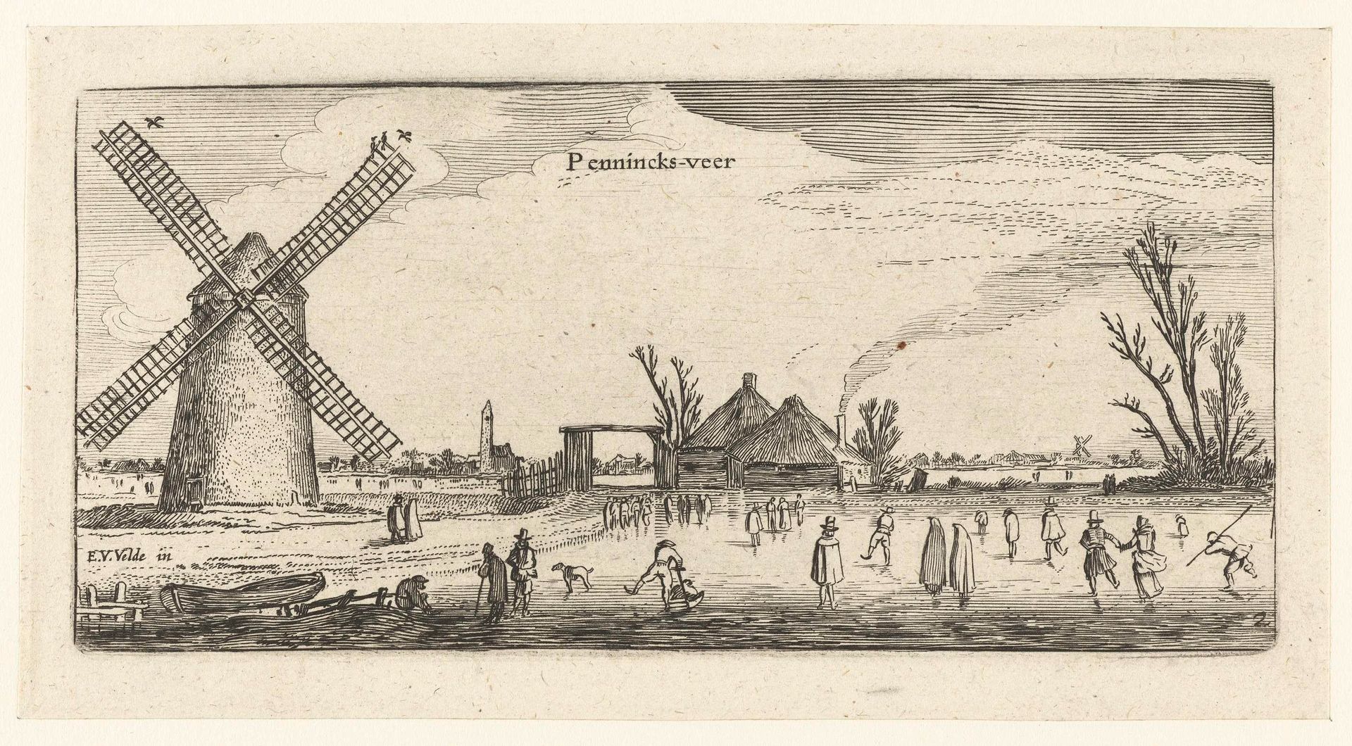 Schaatsers op het ijs bij een molen in de buurt van Penningsveer by Anonymous