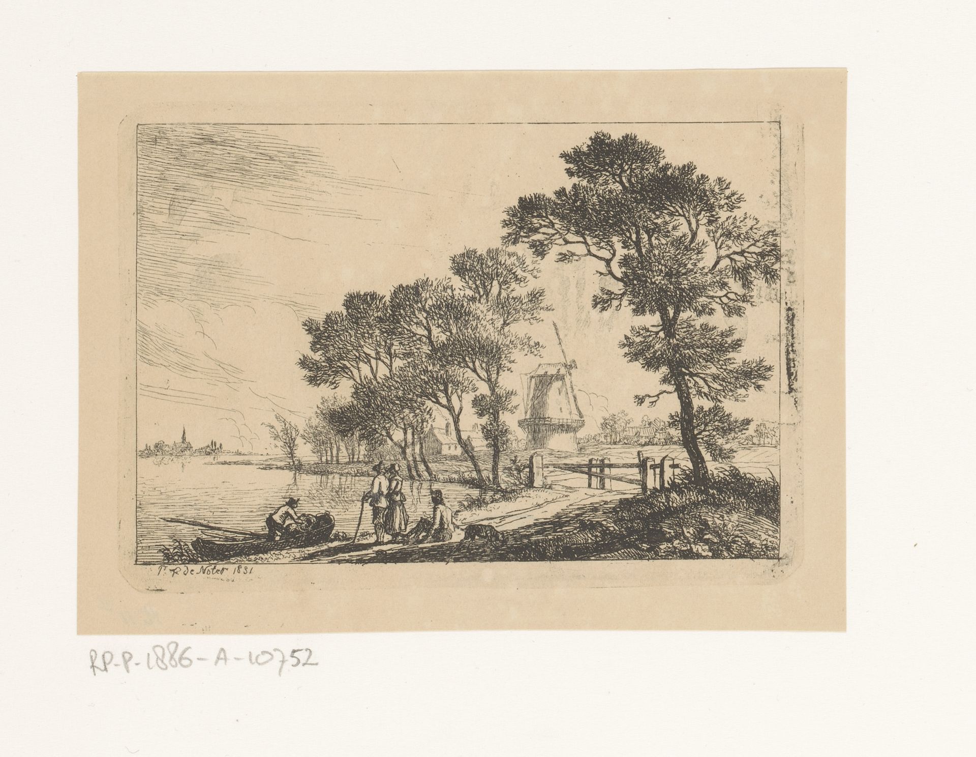 Landschap met figuren langs een oever en een windmolen by Pierre François De Noter
