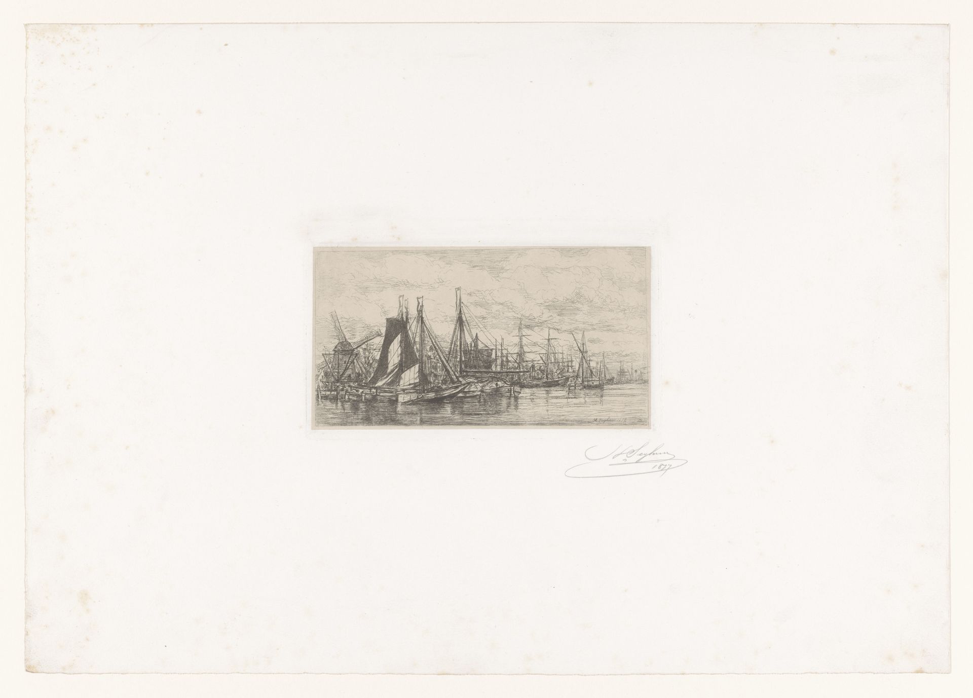 Gezicht op een haven vol zeilschepen en een molen by Henri Seghers
