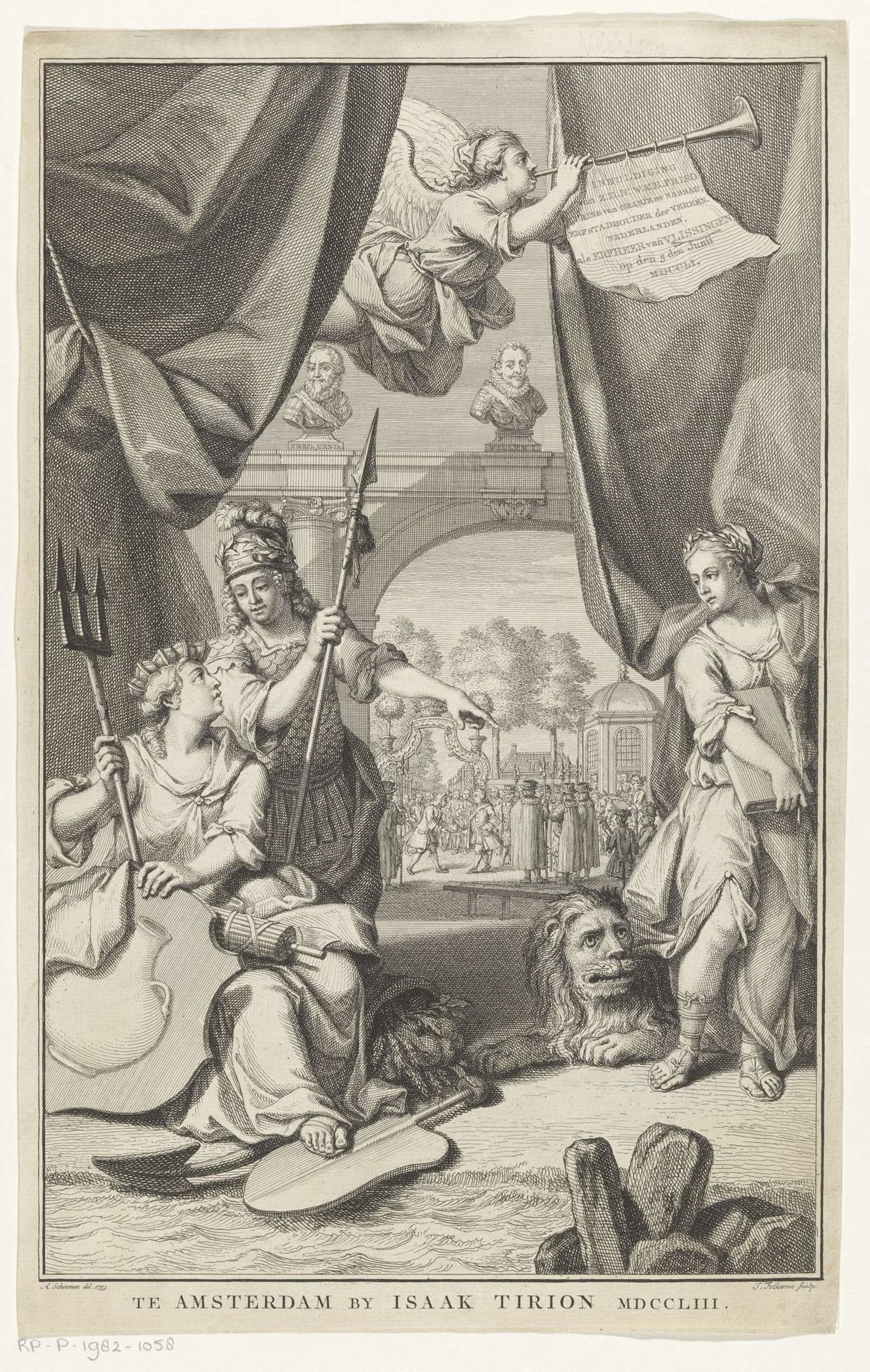 Allegorische voorstelling met aanbieden van stadssleutels aan stadhouder Willem IV by Jacob Folkema